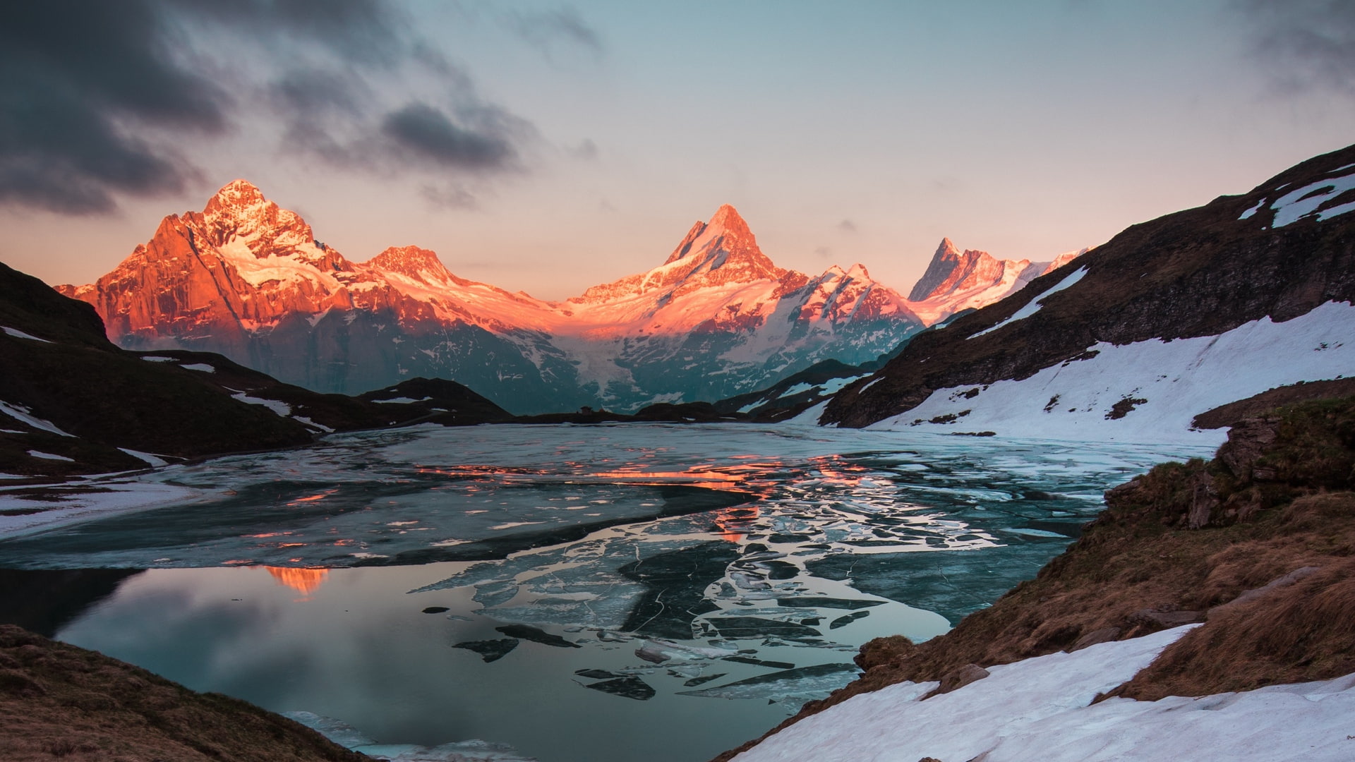 mountains, ice, sunset, 1080P, snow, Switzerland, lake, HD Wallpaper