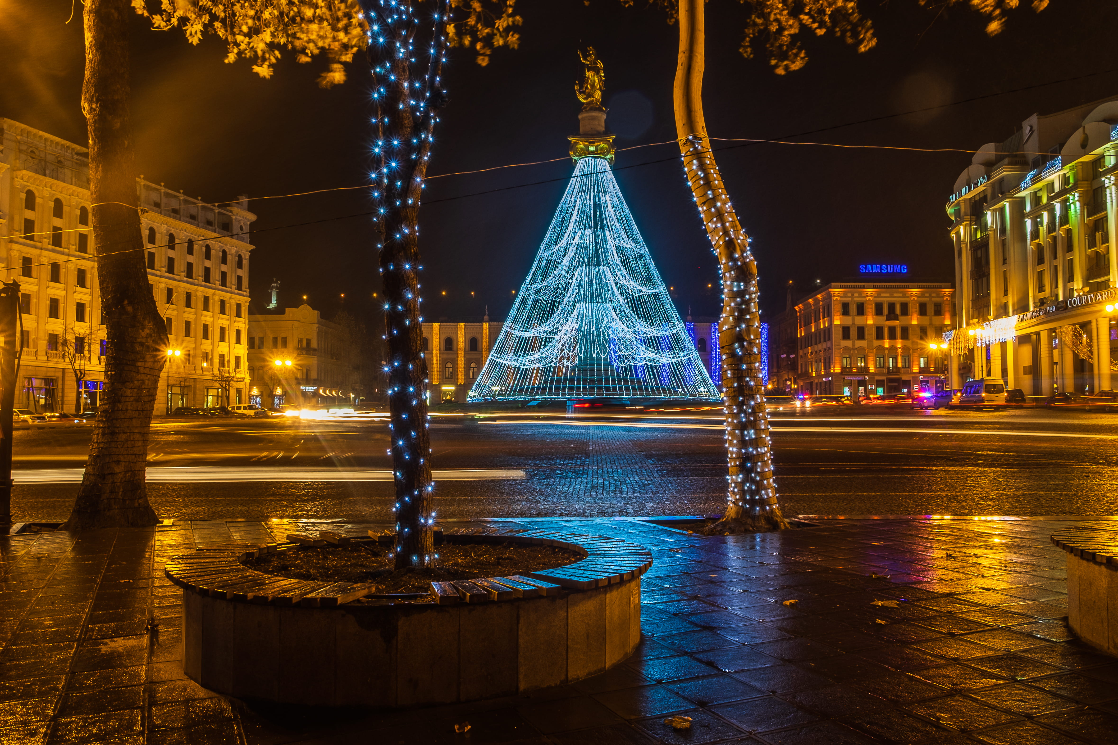 dom square, building, long exposure, night photography, illuminated, city, night, christmas decoration, georgia, outdoors, fuji xe2, architecture, hanging, HD Wallpaper