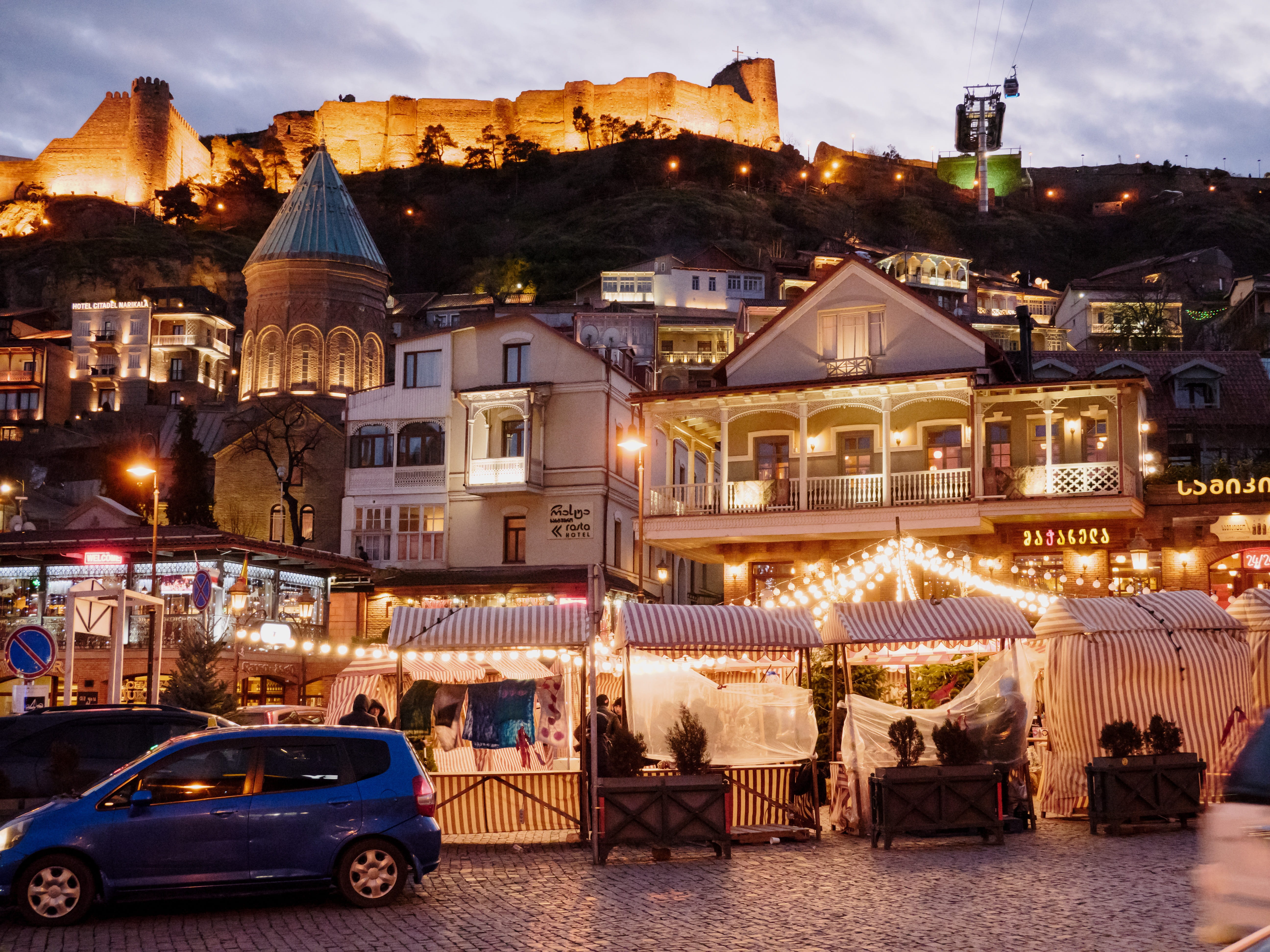 tbilisi, street, night, architecture, motor vehicle, car, illuminated, built structure, urban, georgia, 5K, dusk, travel, landscape, nature, transportation, HD Wallpaper