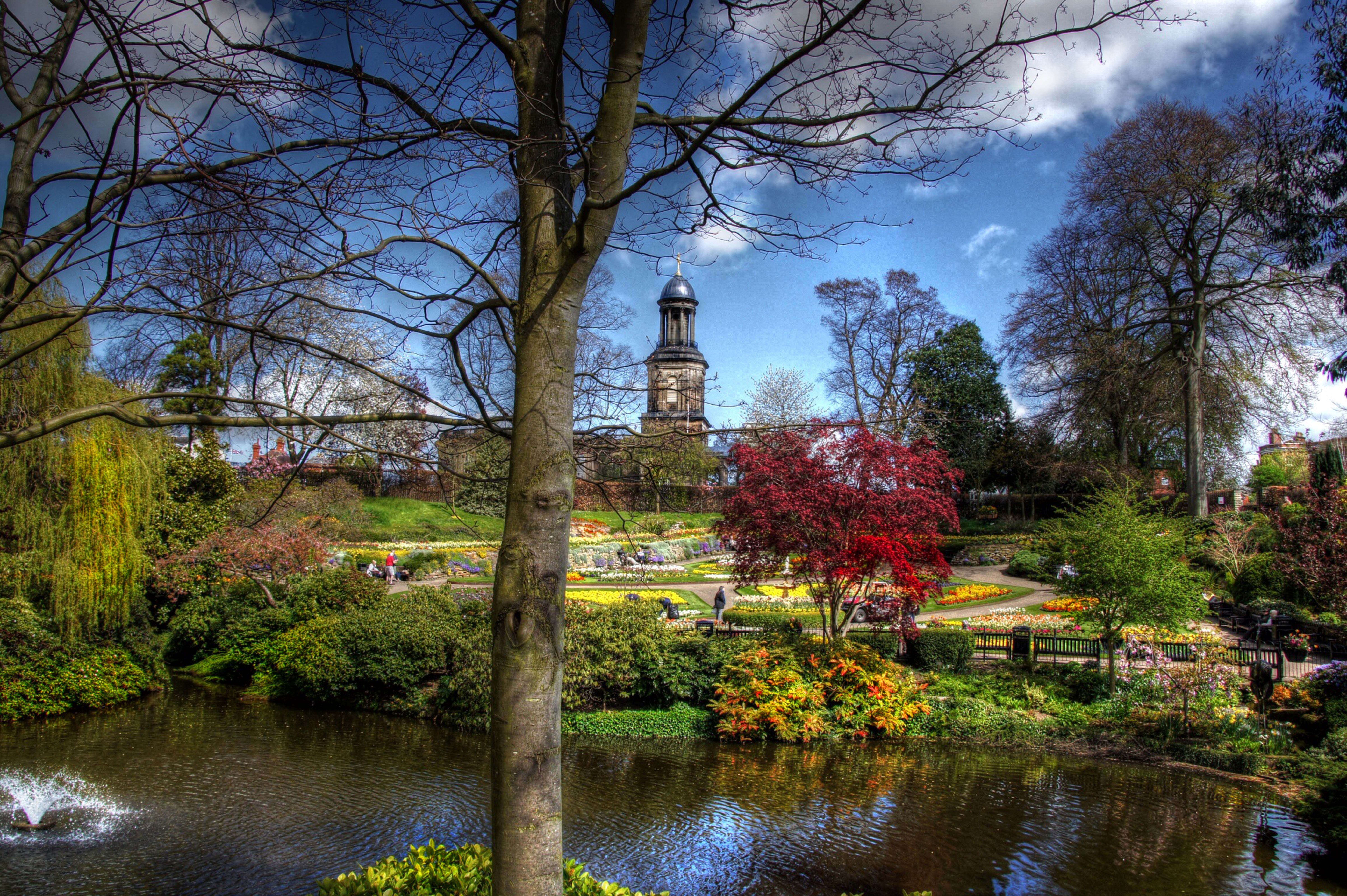 no people, park, shropshire, change, nature, shrewsbury, reflection, building exterior, park - man made space, beauty in nature, town, architecture, water, HD Wallpaper