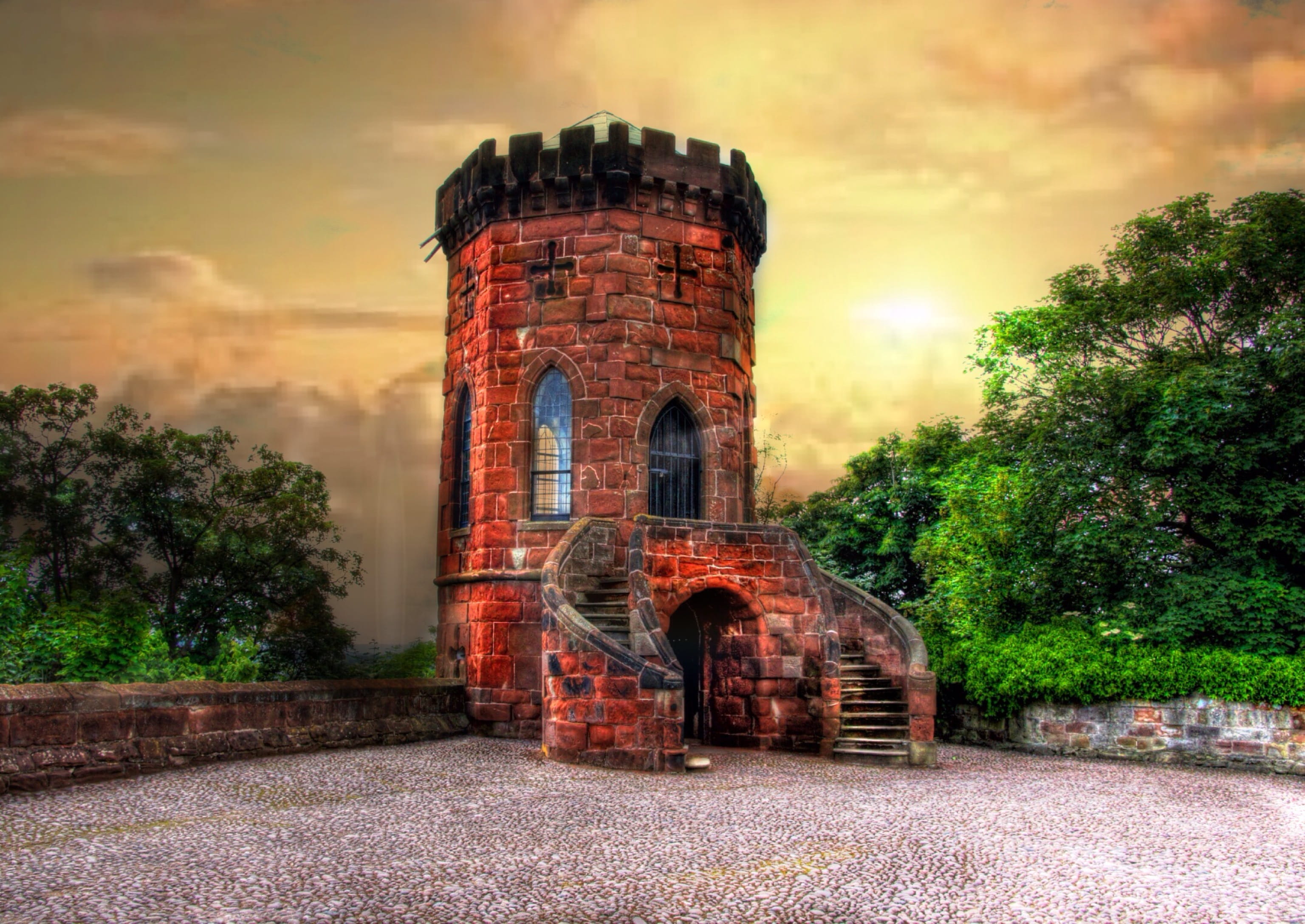 damaged, sky, shrewsbury, arch, architecture, no people, 2K, sunset, cloud - sky, building exterior, the past, stone wall, tree, town, nature, wall, brick, HD Wallpaper