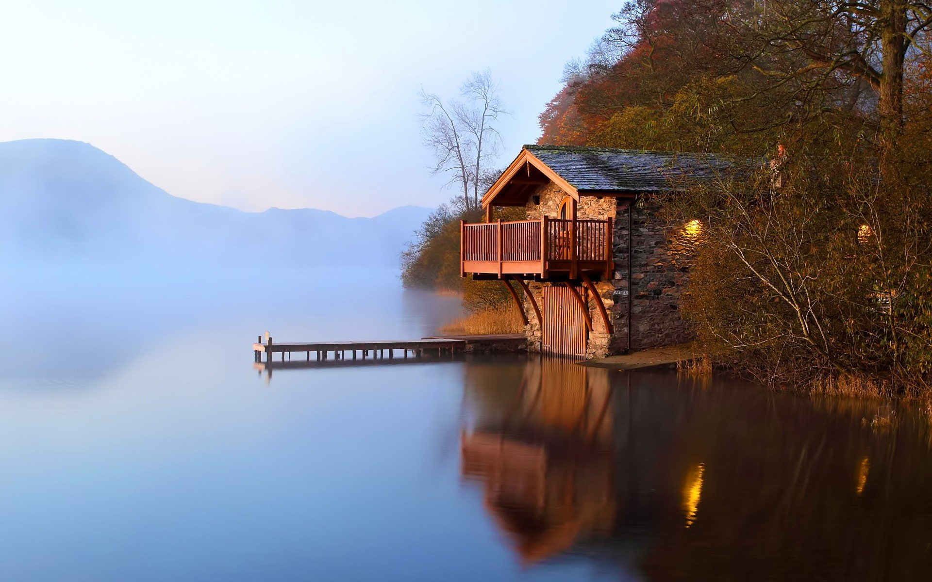 lake, boathouse, home, tree, 1080P, scenic, HD Wallpaper