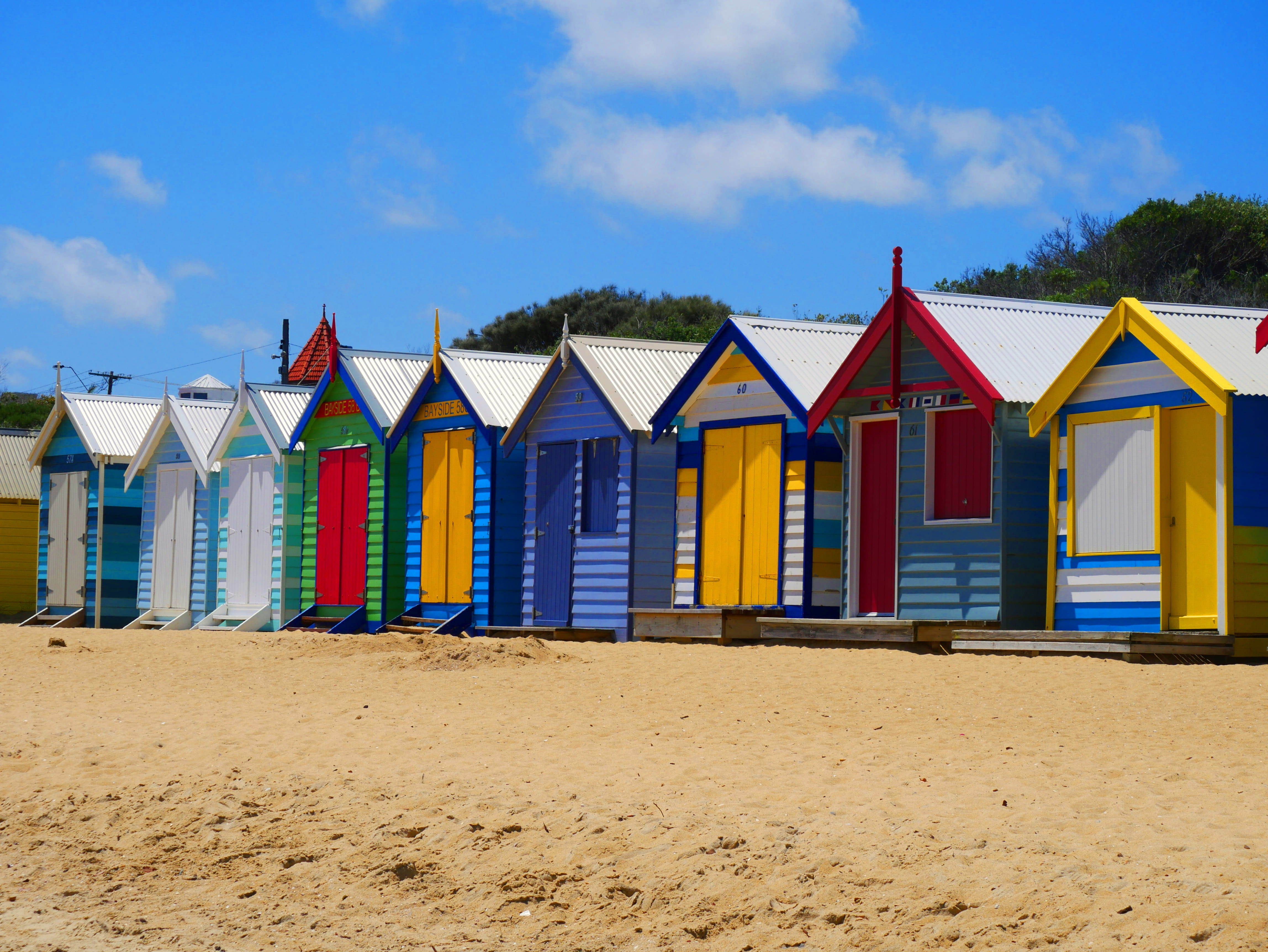 hut, land, beach, cloud - sky, yellow, scenic, brighton, sand, water, sea, no people, outdoor, coast, scenics - nature, houses, beachhouse, coastline, wooden, HD Wallpaper