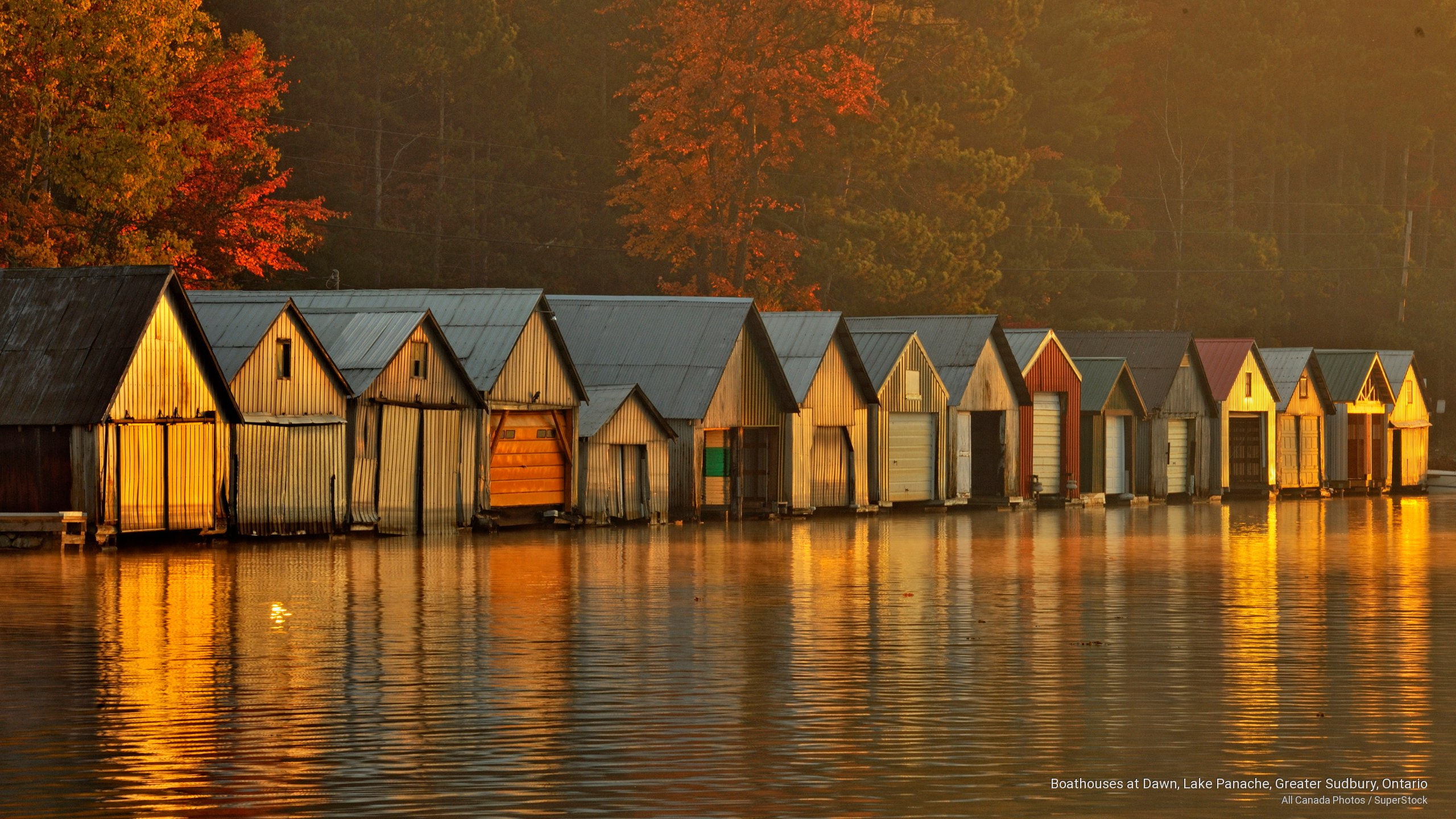 lake, sudbury, ontario, greater, panache, Fall, 2K, boathouses, dawn, HD Wallpaper