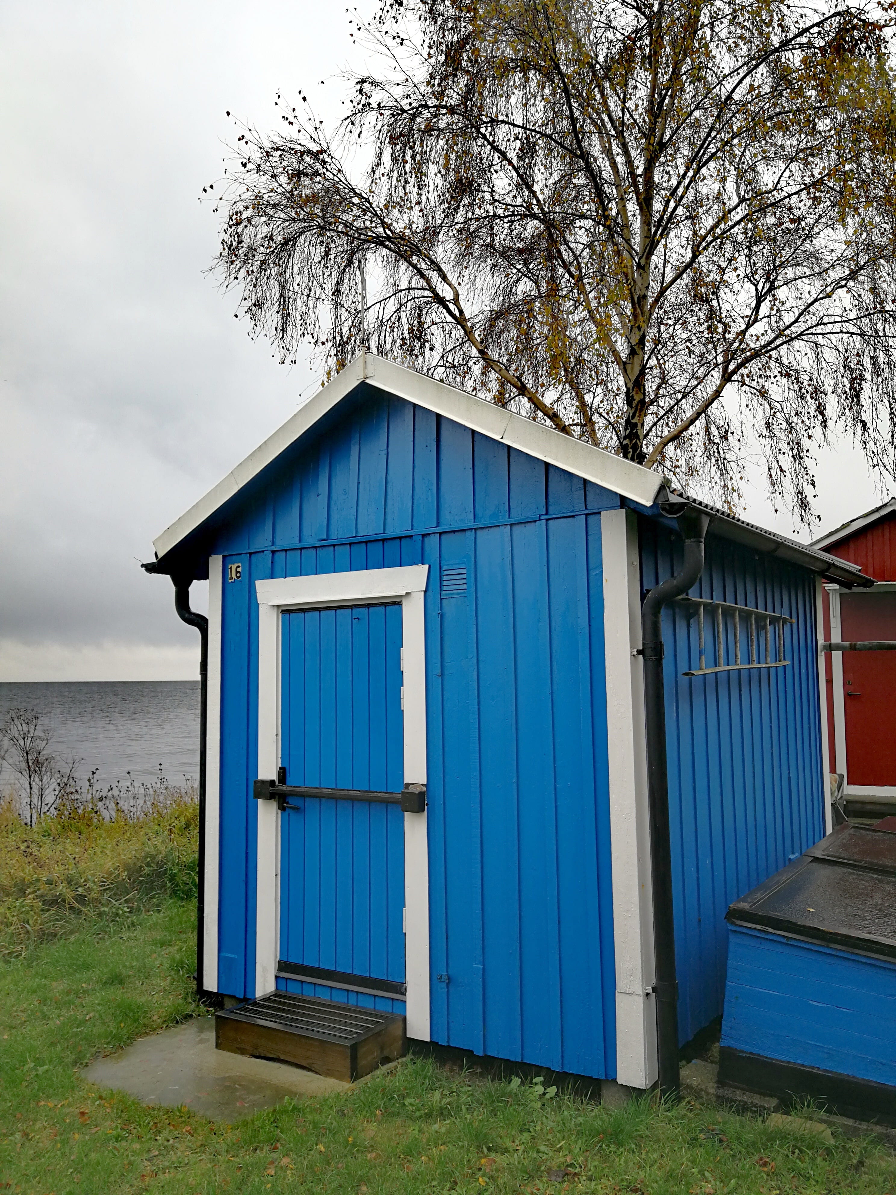 house, hut, autumn, water, architecture, entrance, sweden, boathouse, plant, cloud - sky, wet weather, blue, land, cabin, 4K, day, wood - material, field, Phone HD Wallpaper