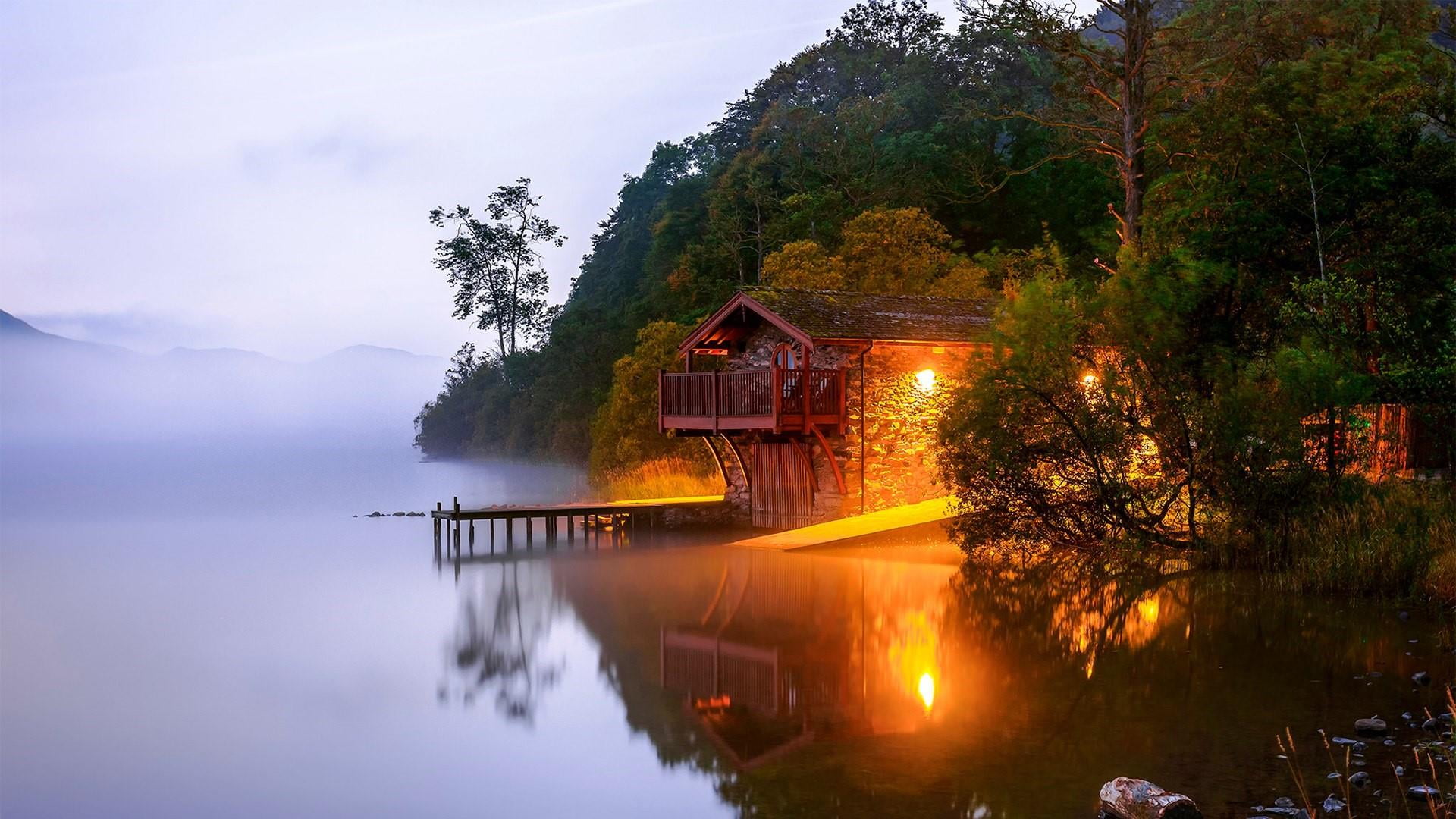 dawn, cloud - sky, no people, pier, tranquil scene, penrith, beauty in nature, water, evening, house, mountain, building, building exterior, nature, cottage, HD Wallpaper
