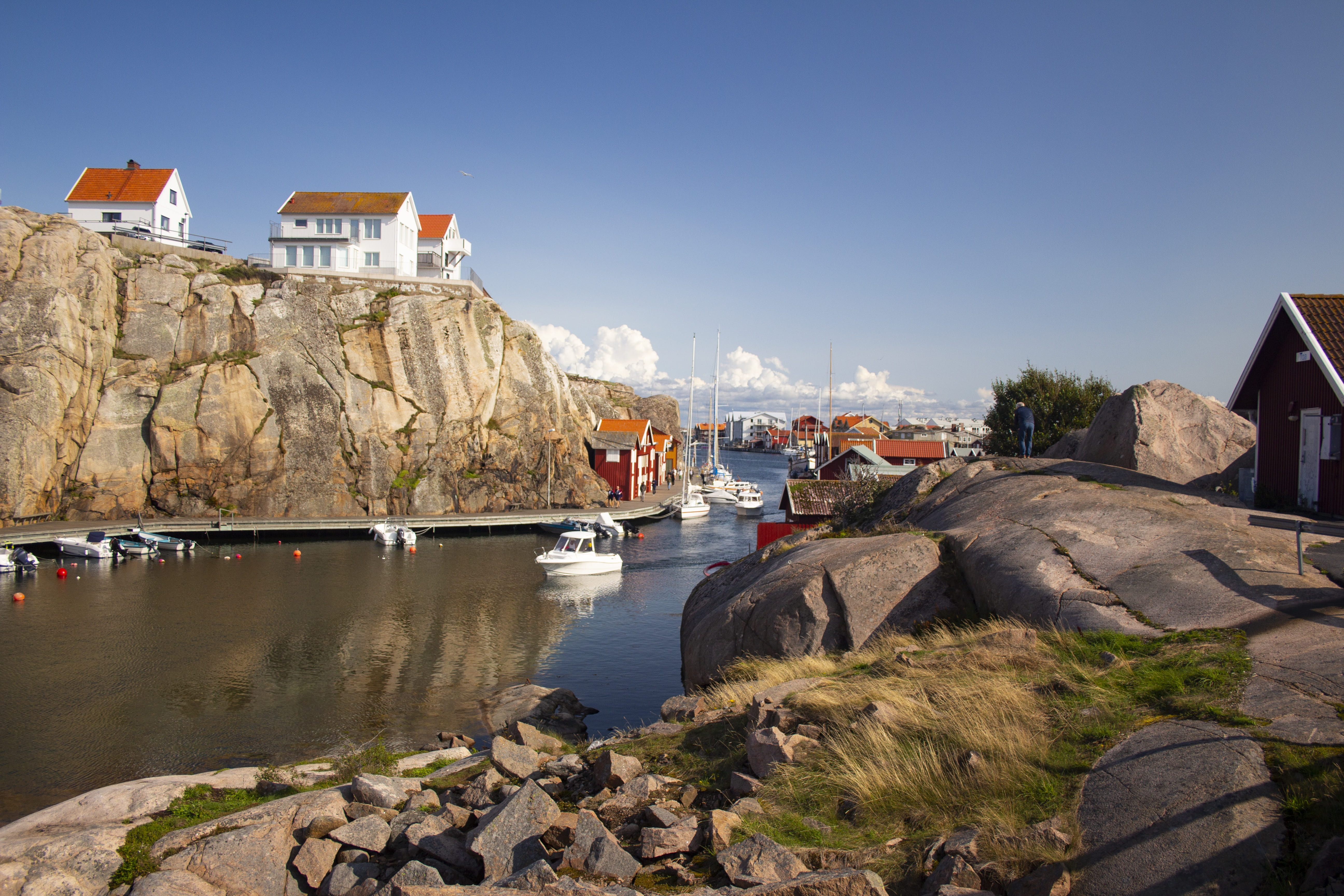 sky, city, outdoors, building exterior, architecture, sunlight, solid, salt water, transportation, rock, bohuslän, rock formation, west coast, building, HD Wallpaper