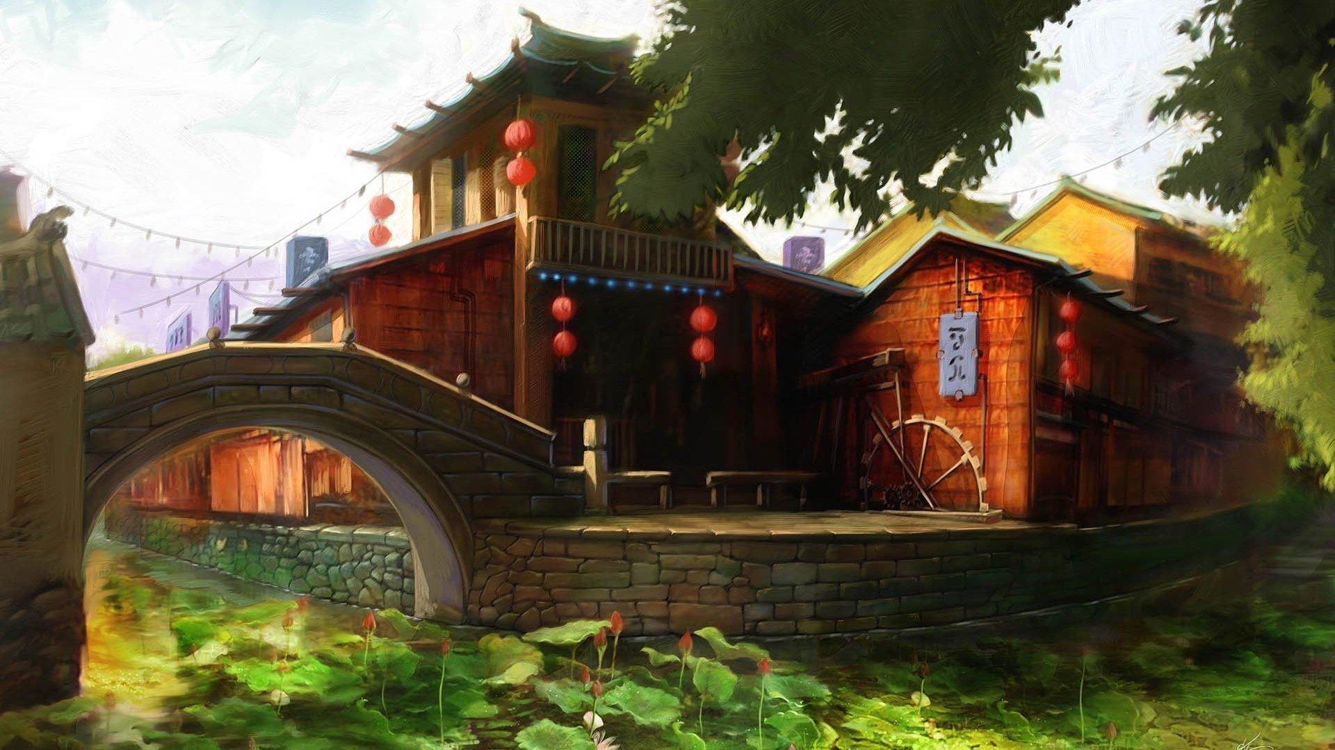 bridge, river, painting, shed, building, chinese, japan, nature and landscapes, 1080P, HD Wallpaper
