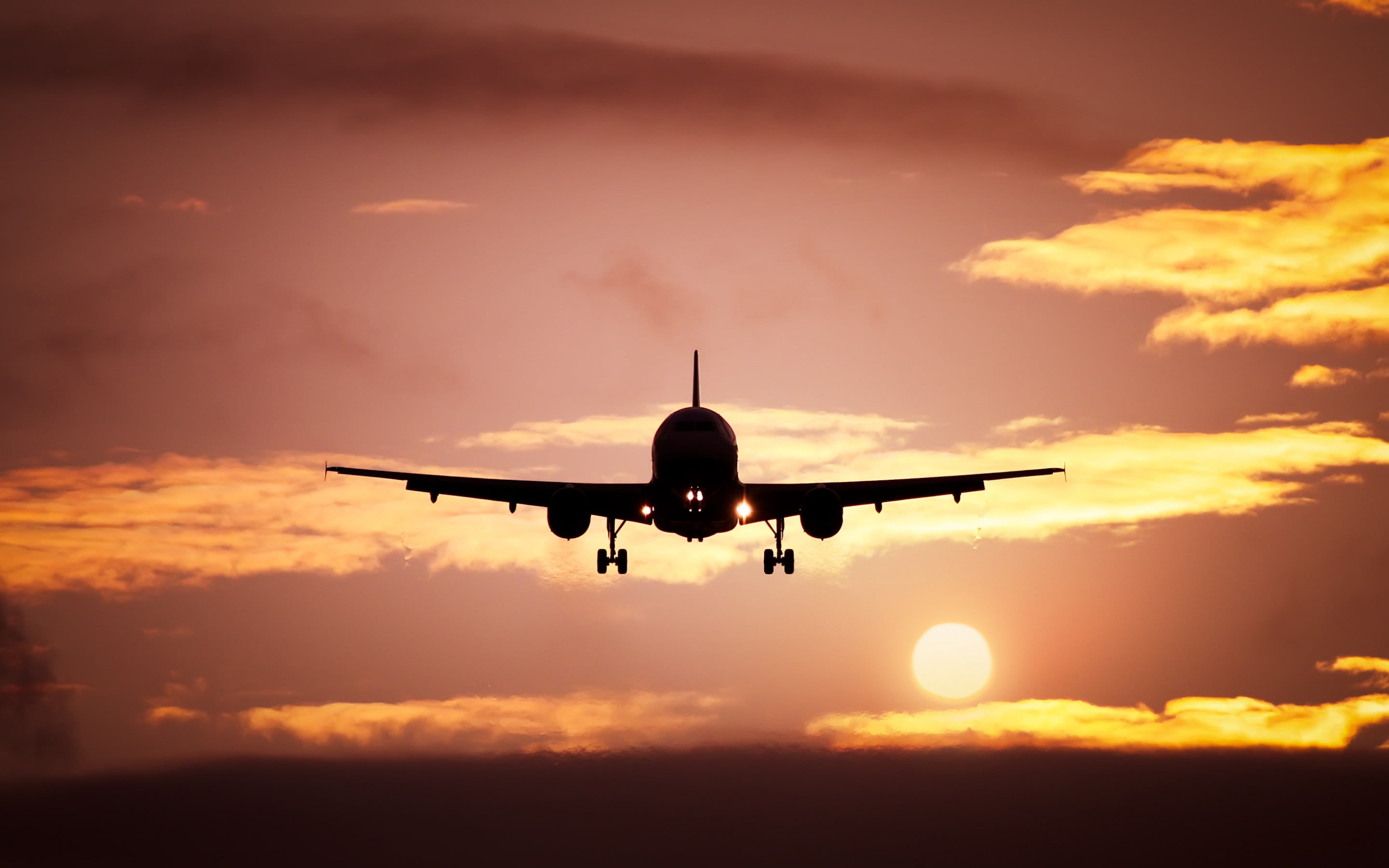 evening, flying, taking off, plane, no people, cloud - sky, arrival, mode of transportation, travel, airplane, 2K, outdoors, aircraft, silhouette, on the move, HD Wallpaper