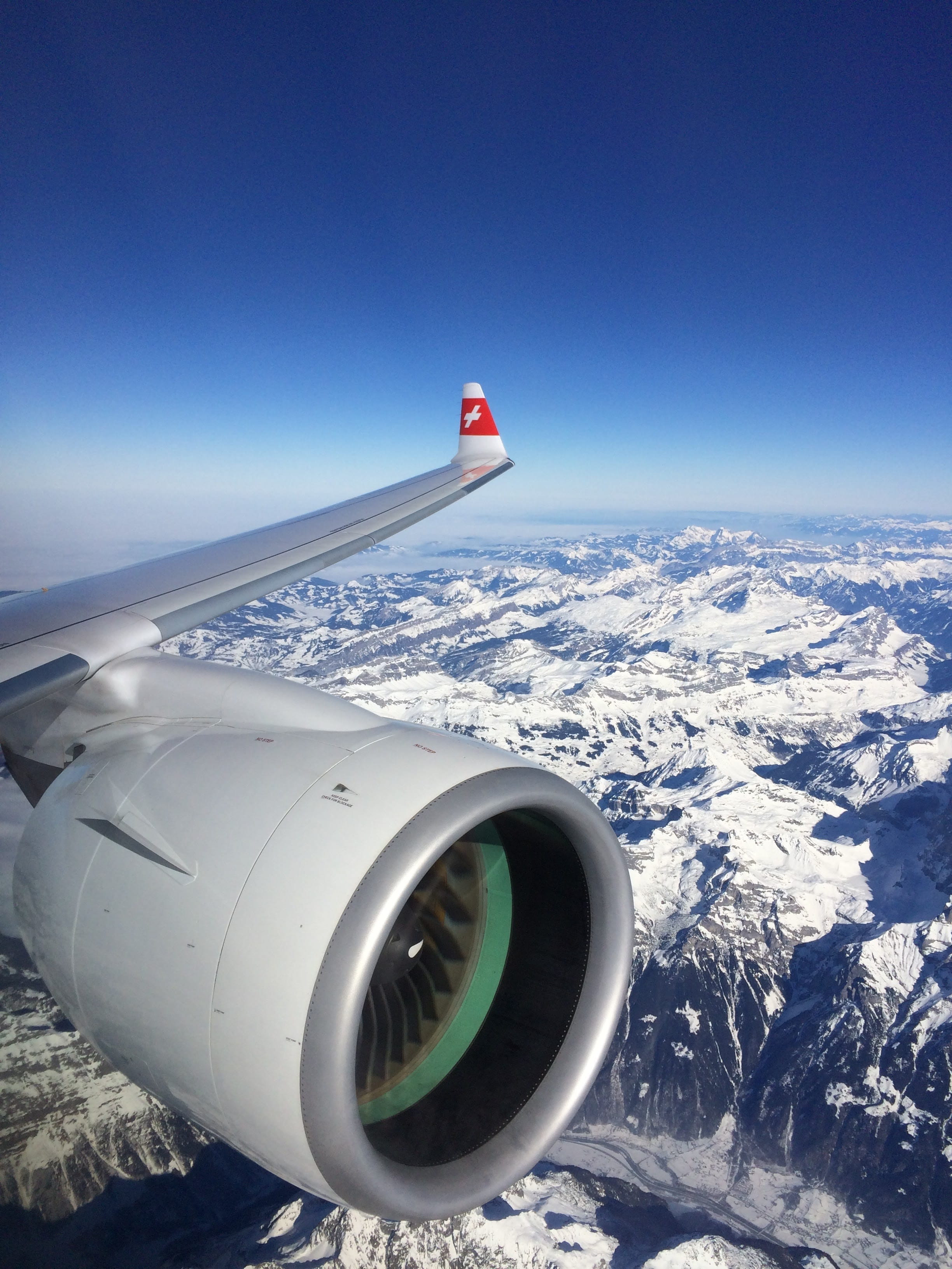 switzerland, clear sky, alps, transportation, aircraft wing, blue, snow, scenics - nature, day, swiss, jet engine, landscape, no people, cold temperature, Phone HD Wallpaper