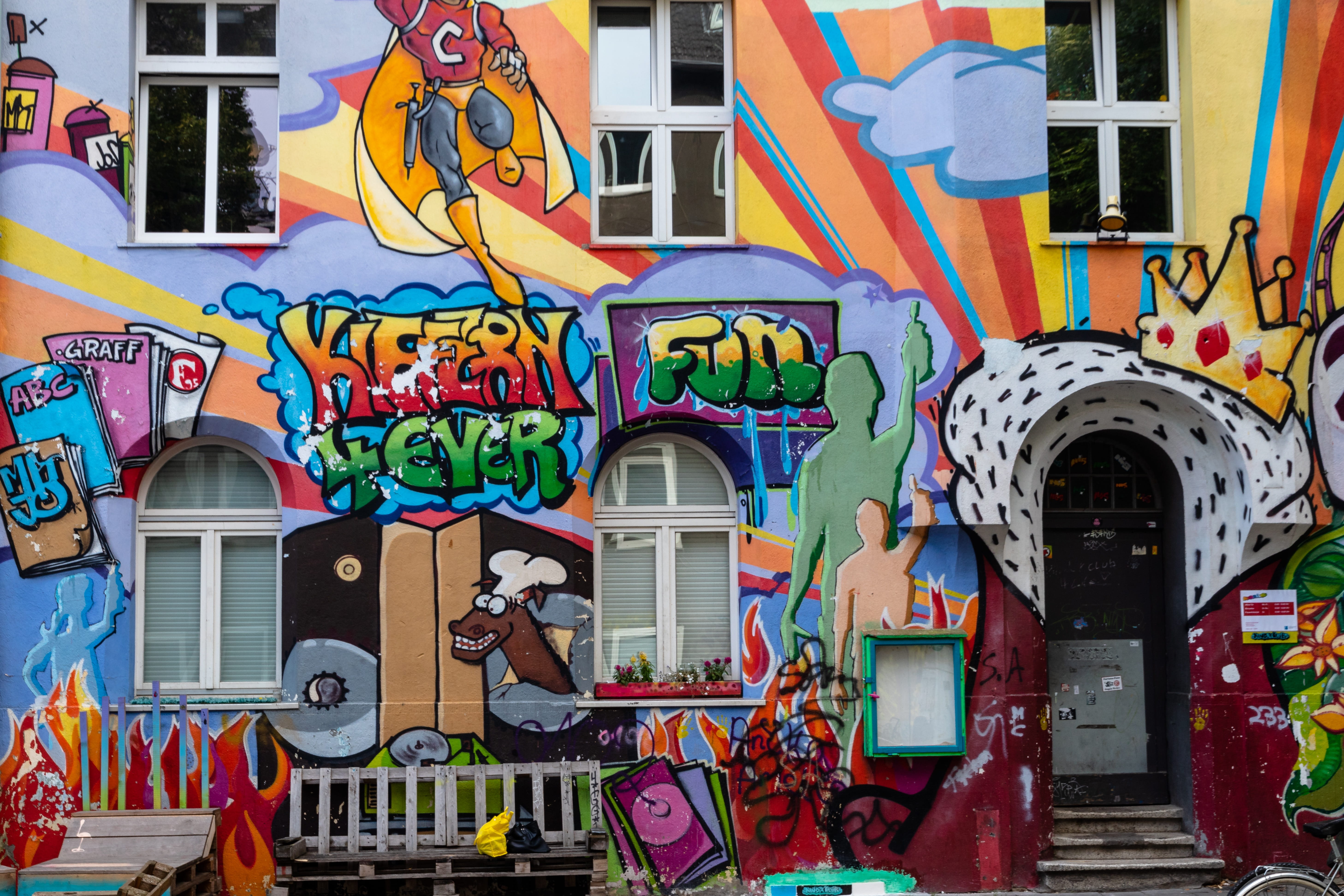 pine street, building exterior, multi colored, art form, communication, painted, art, building, flingern, wall, 5K, animal representation, frescos, creativity, HD Wallpaper