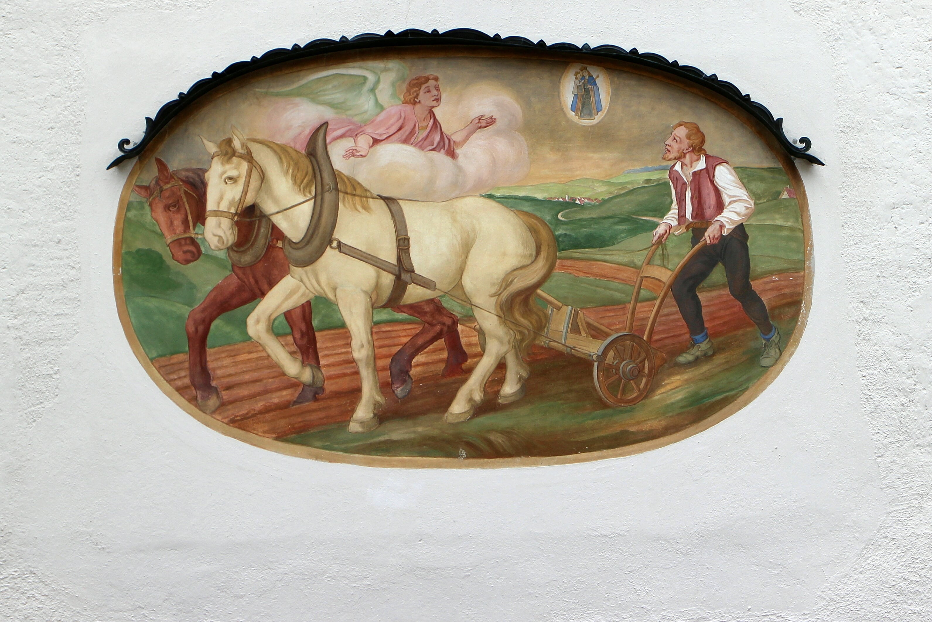 creativity, livestock, building, lueftelmalerei, outdoors, painted image, upper bavaria, home, 2K, male likeness, horse, day, architecture, paintings, HD Wallpaper