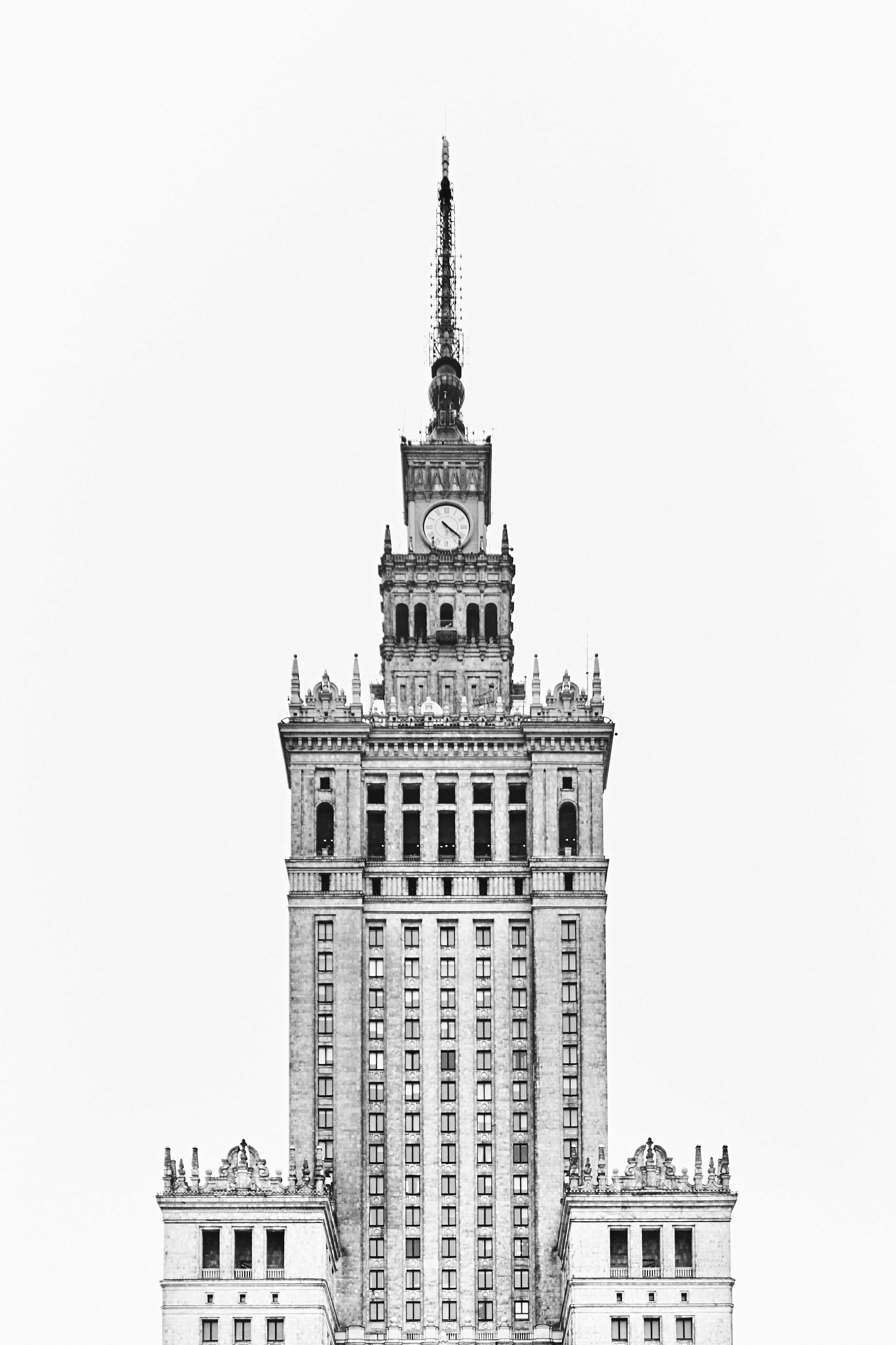 grayscale, symbol, built Structure, warsaw, travel, polska, architecture, building, minimal, gothic, tower, urban, history, clock, warszawa, steeple, palace, Phone HD Wallpaper