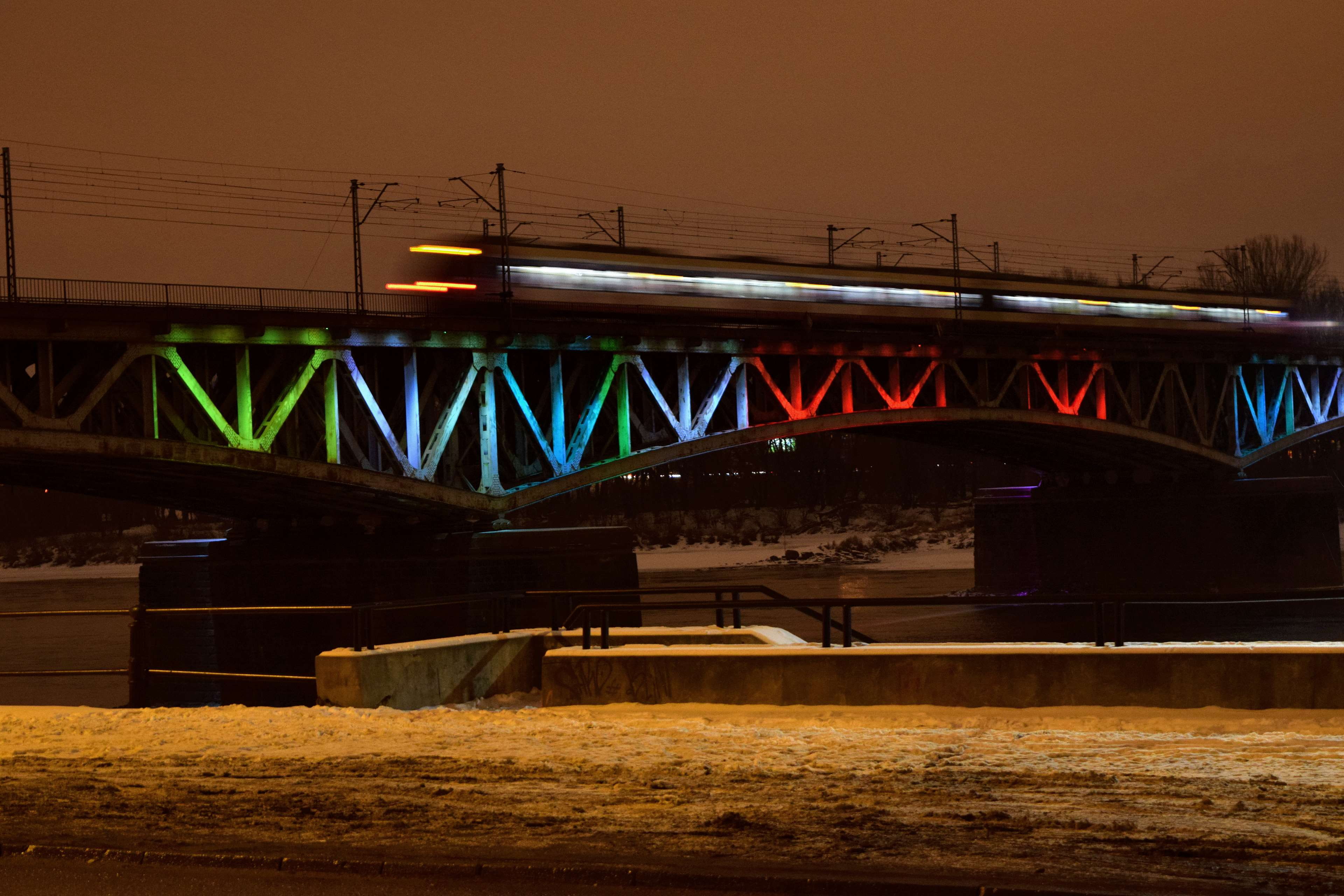 night, bridge - man made structure, architecture, light trail, low angle view, city, connection, train bridge, warsaw, street, speed, no people, illuminated, HD Wallpaper