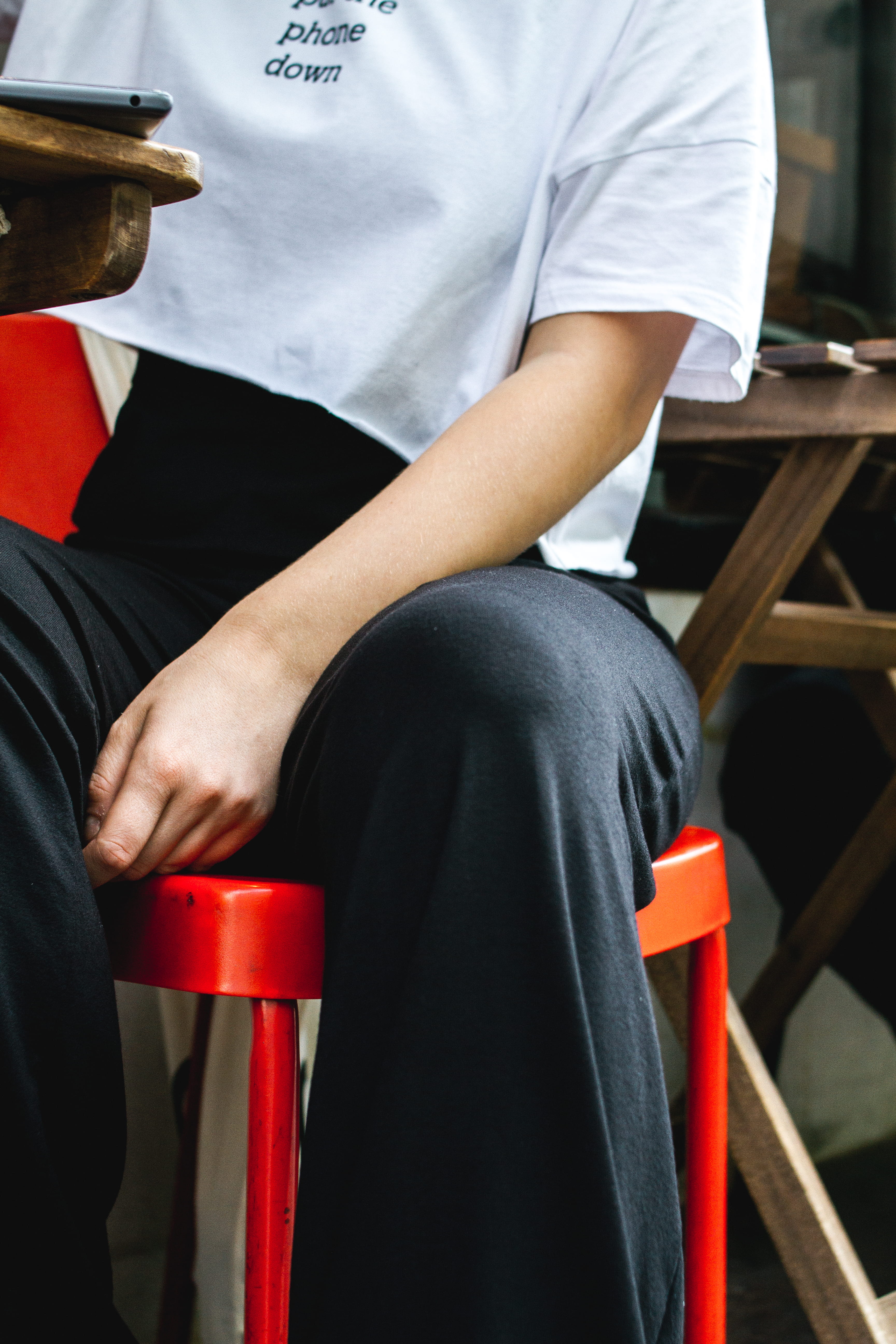 uniform, seat, poland, table, warszawa, hand, sitting, clothing, 5K, bench, relax cafe bar centrum, three quarter length, day, focus on foreground, one person, Phone HD Wallpaper
