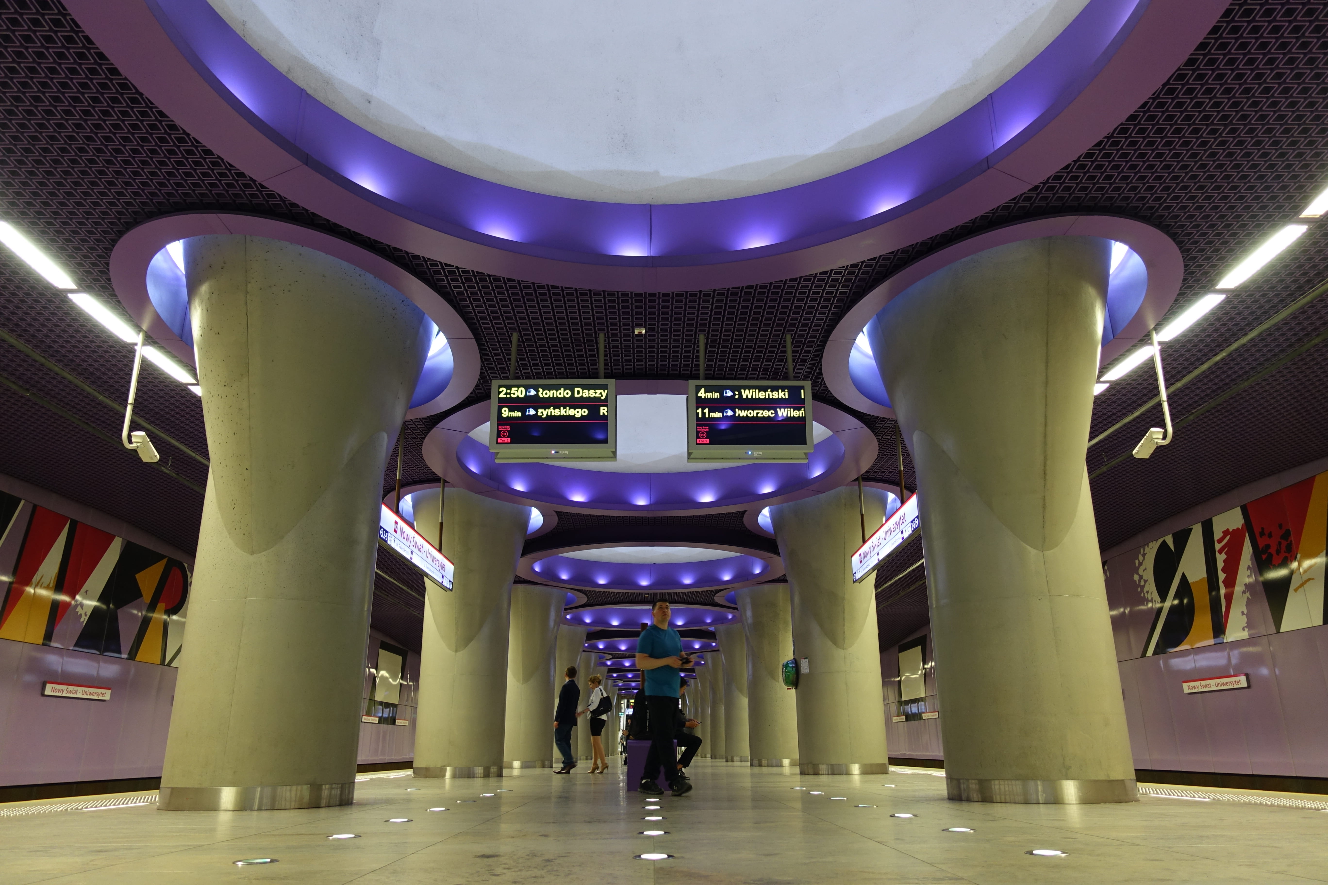 purple, flooring, incidental people, illuminated, 5K, lighting equipment, modern, poland, direction, architectural column, ceiling, tiled floor, the way forward, HD Wallpaper