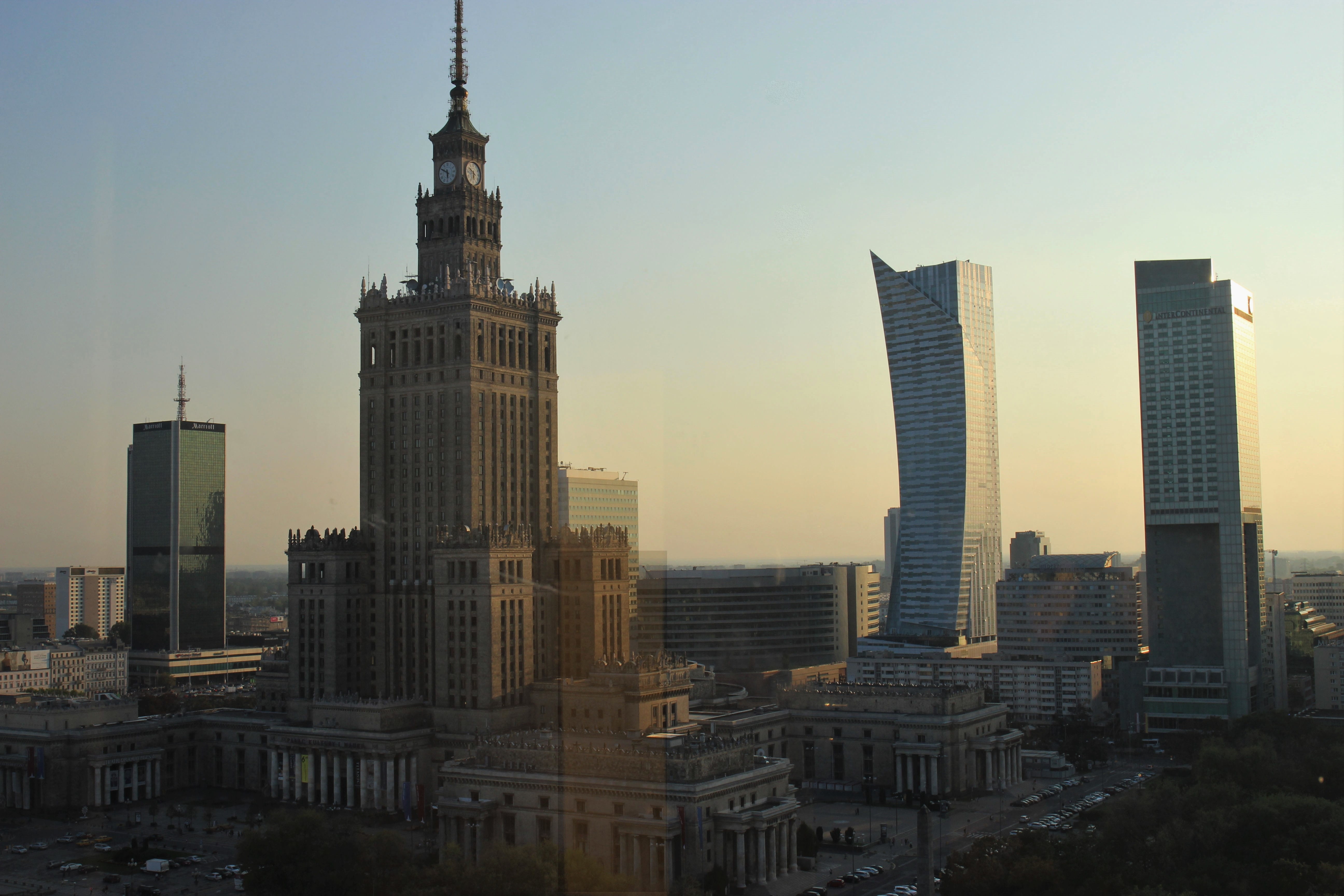 pkin, the city centre, no people, cityscape, skyscraper, outdoors, panorama, landscape, office, poland, clear sky, culture, gold, building exterior, nature, HD Wallpaper