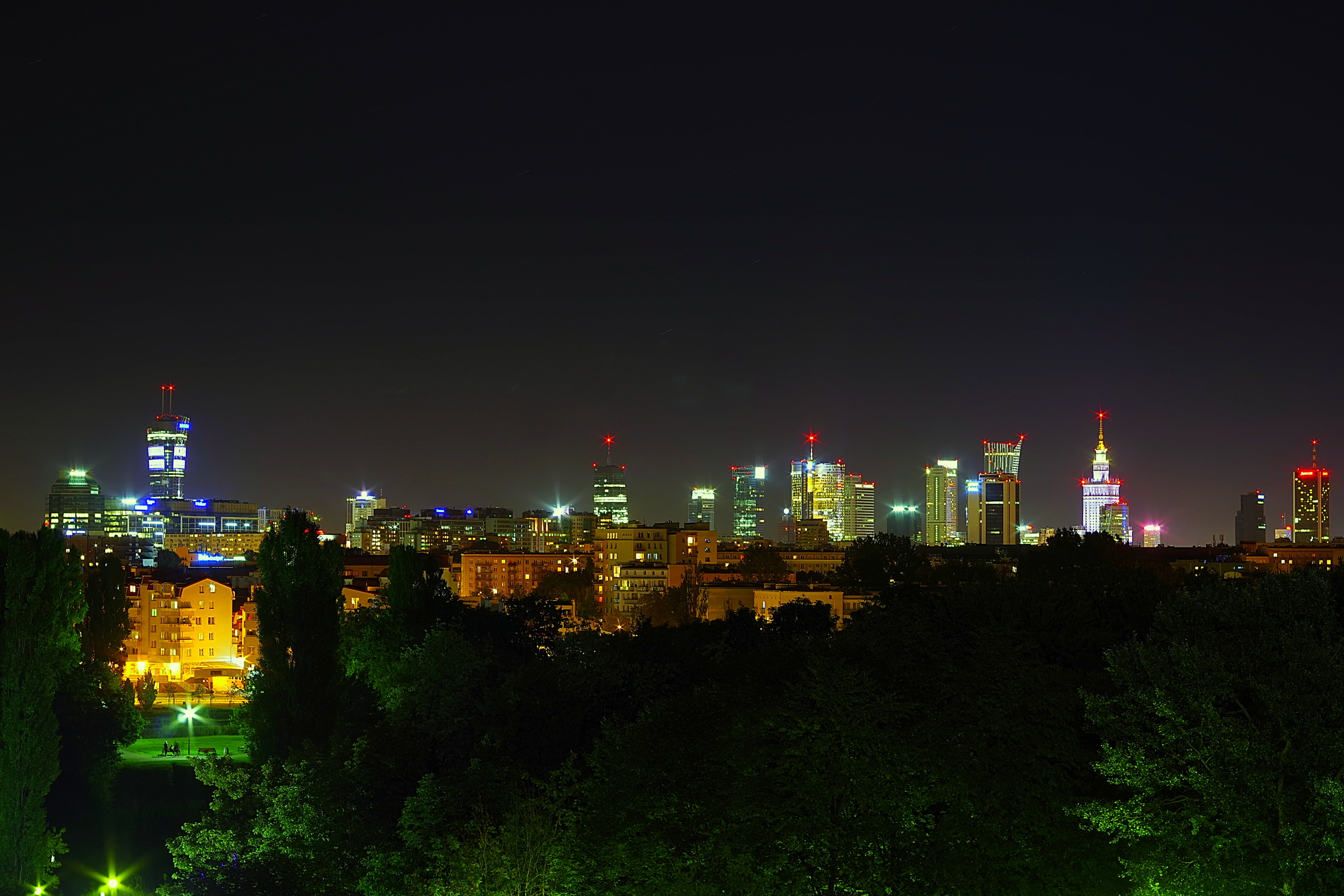 no people, panorama, nighttime, city, cityscape, office buildings, hill szczęśliwicka, night, landscape, building exterior, illuminated, poland, tree, urban skyline, HD Wallpaper