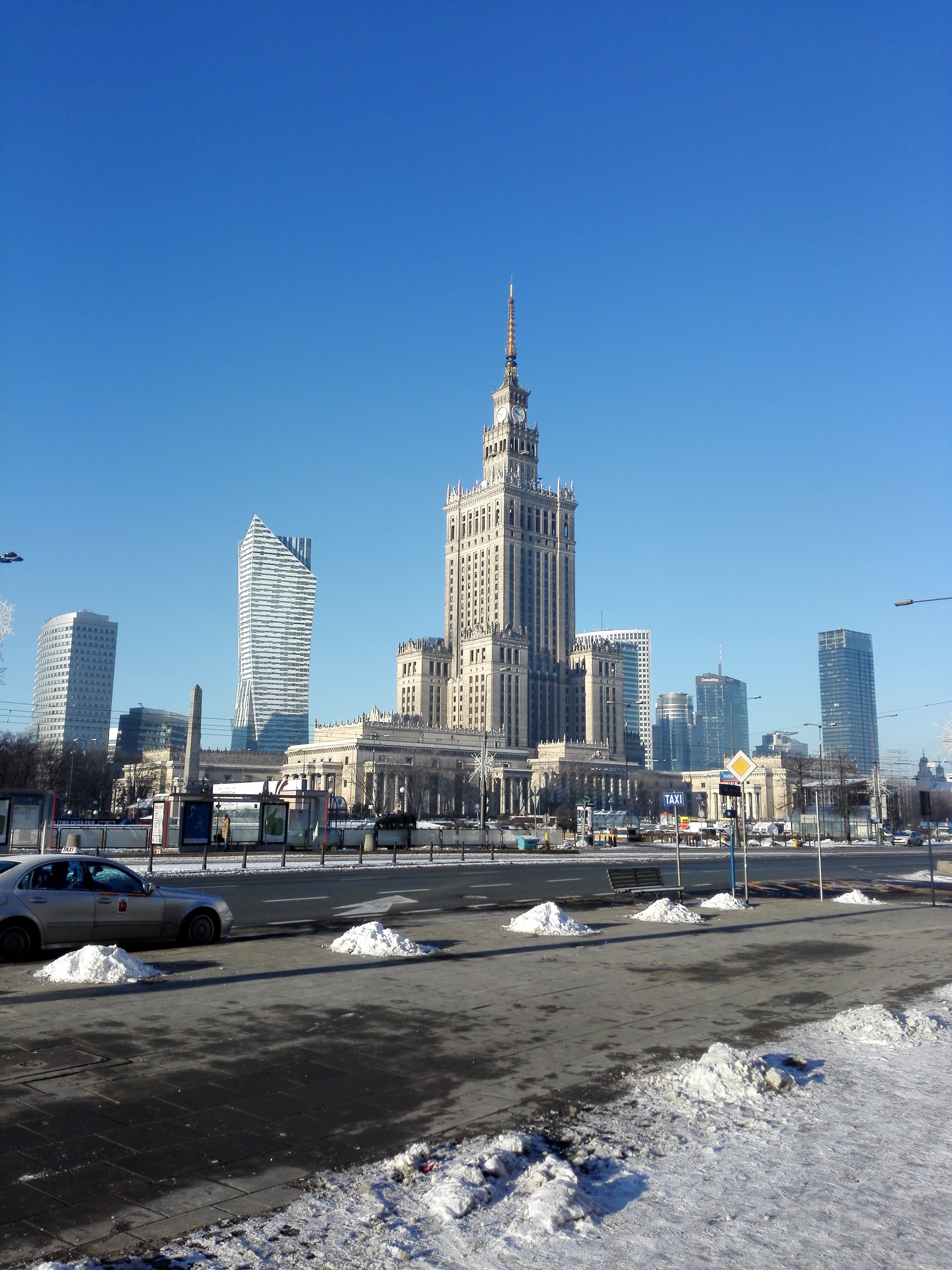 cialis, downtown district, clear sky, the centre of, palace of culture and science, transportation, modern, warsaw, palace of culture, building exterior, Phone HD Wallpaper