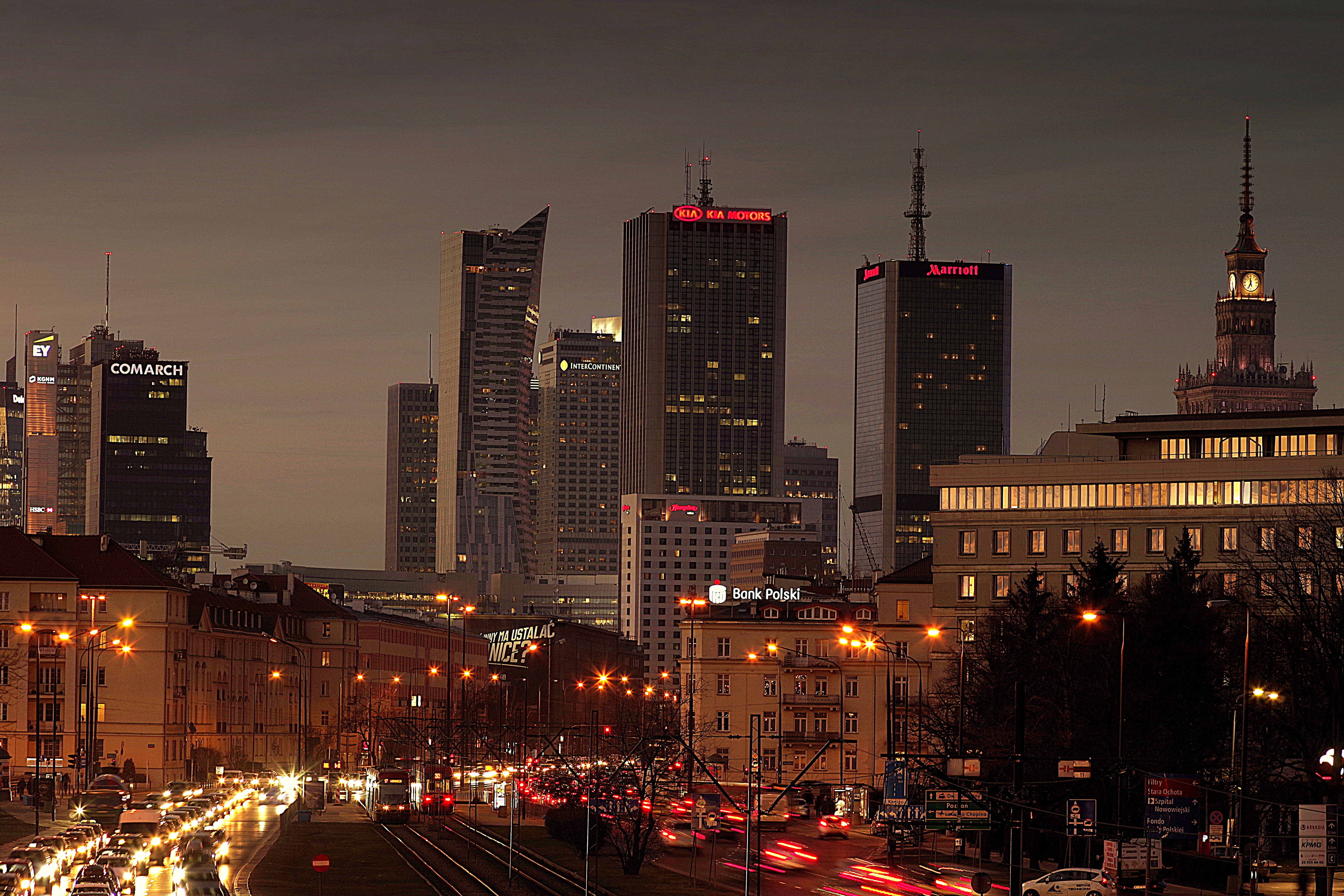 city, travel destinations, tower, traffic, twilight, spire, landscape, the centre of, nature, warsaw, cityscape, palace of culture, sky, street, city life, HD Wallpaper