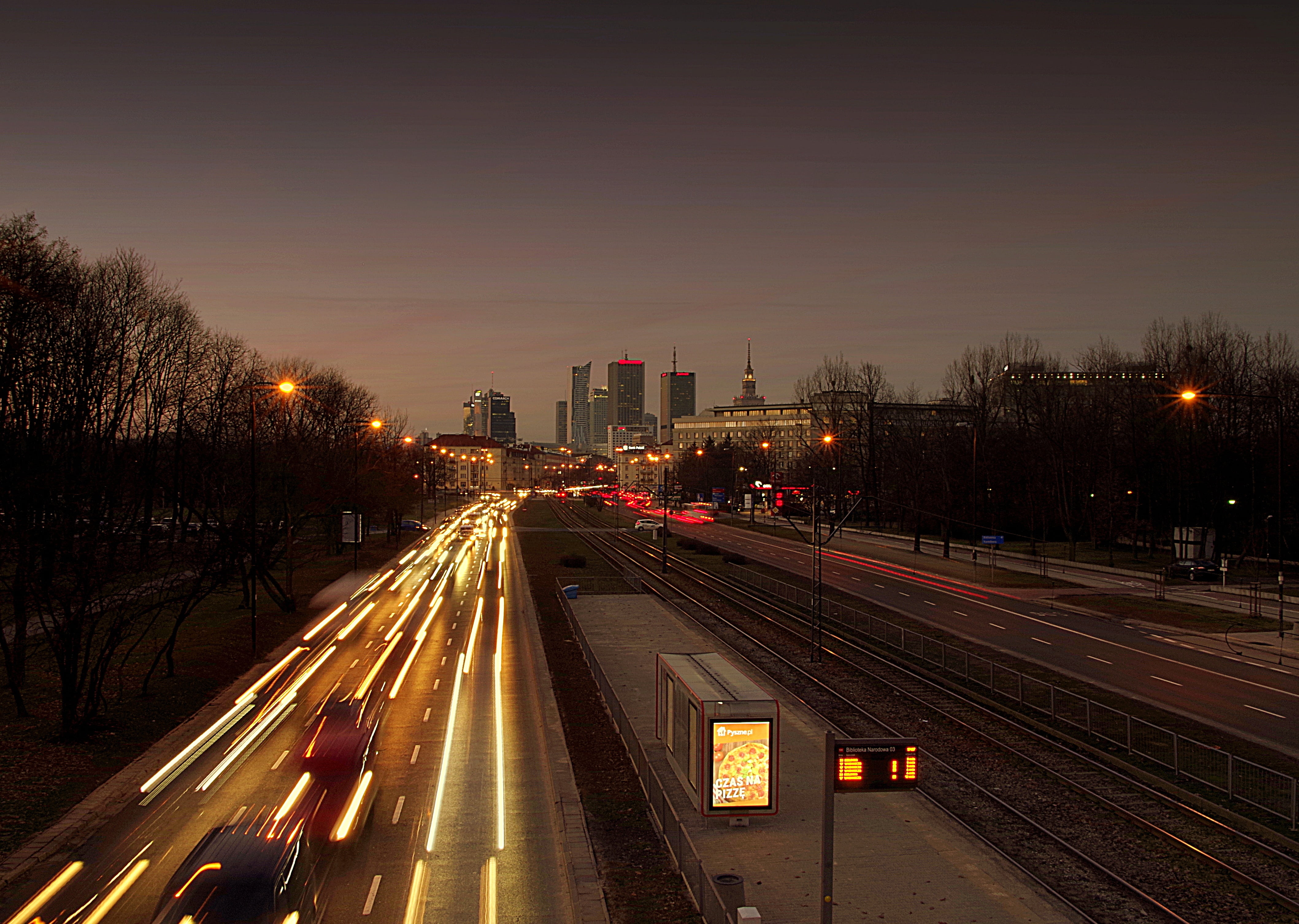 skyscrapers, motion, illuminated, building exterior, traffic, transportation, view, architecture, high angle view, warsaw, 4K, street, street light, road, HD Wallpaper