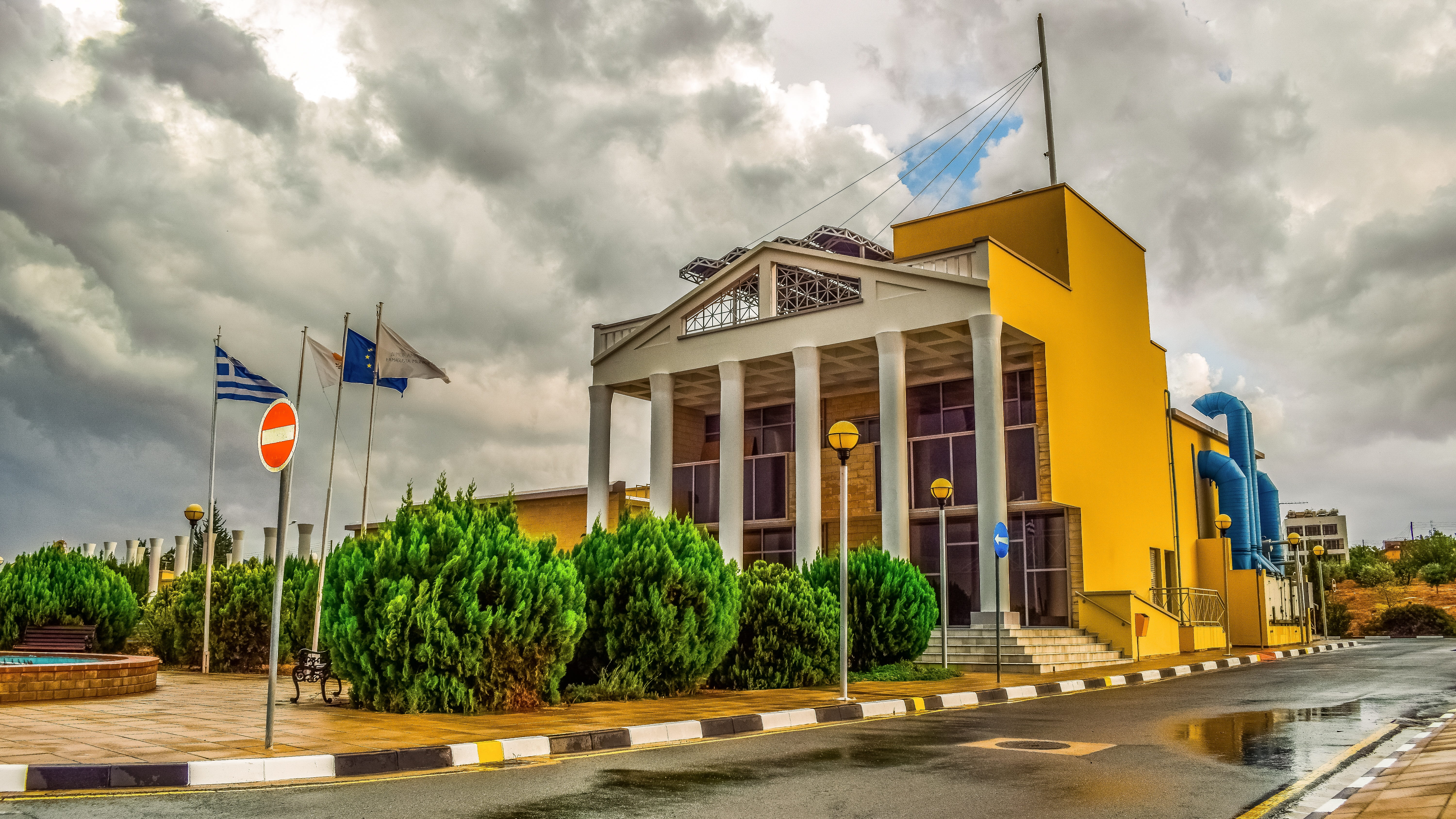 dherynia, city, office building exterior, day, street, modern, 5K, flag, tree, cyprus, facade, building, nature, plant, cloud - sky, contemporary, transportation, HD Wallpaper