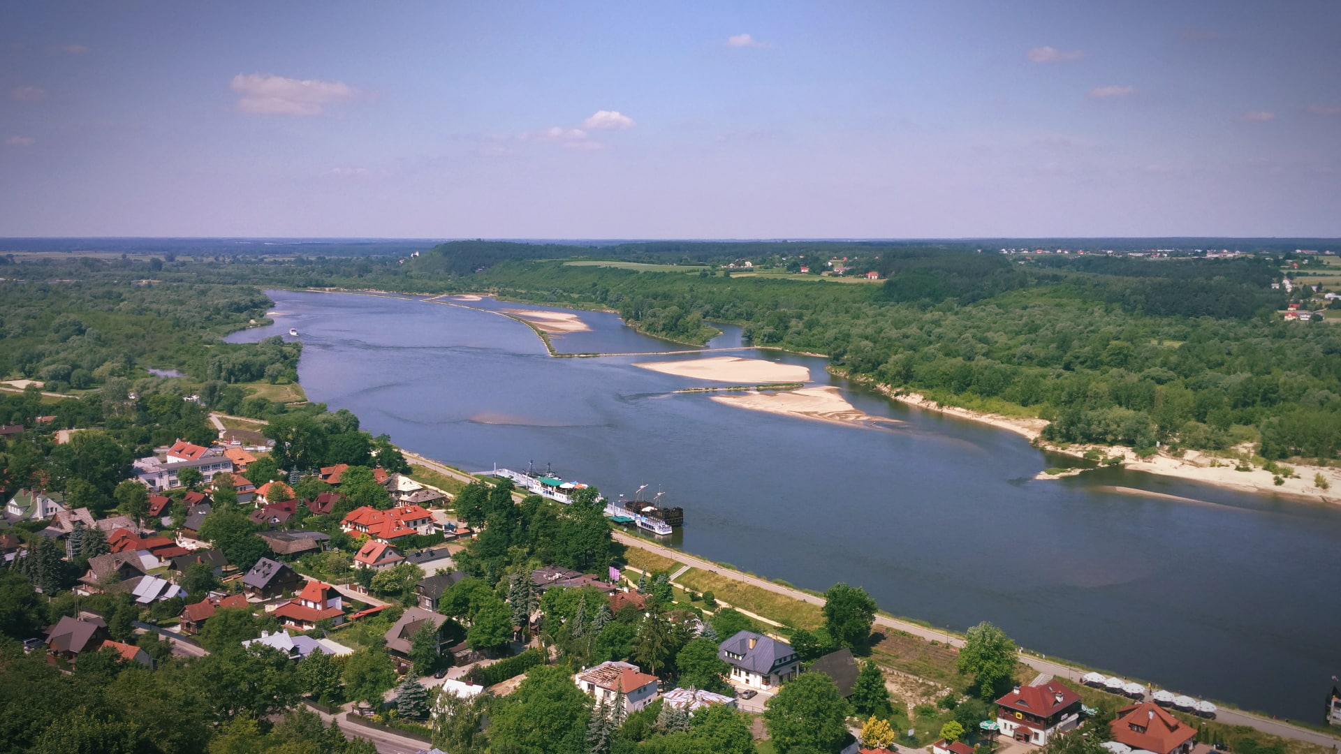 tranquil scene, no people, plant, water, aerial view, tree, nature, Poland, environment, land, town, sky, scenics - nature, Vistula, 1080P, river, day, HD Wallpaper