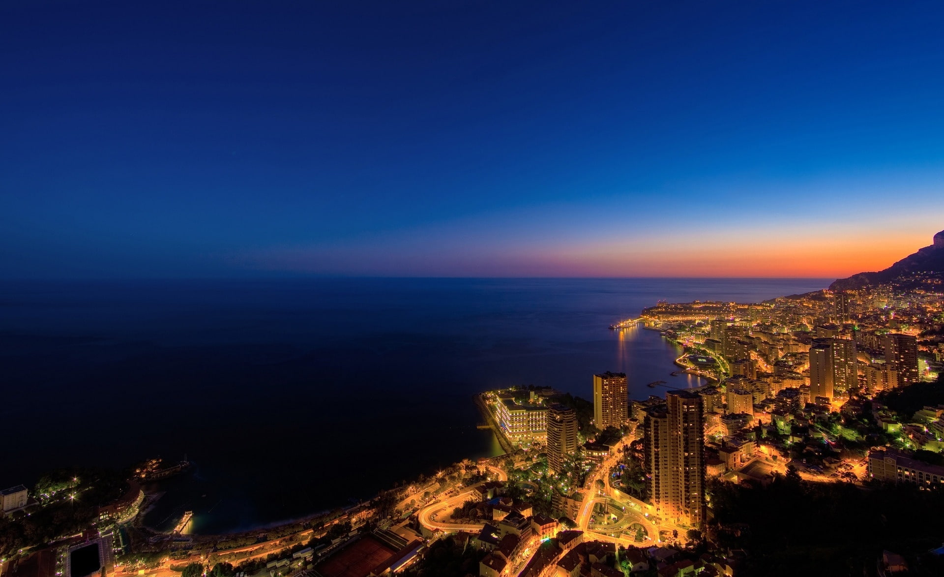 skyscraper, blue, sea, monte, 1080P, monaco, building, residential district, office building exterior, building exterior, illuminated, nature, City, copy space, HD Wallpaper
