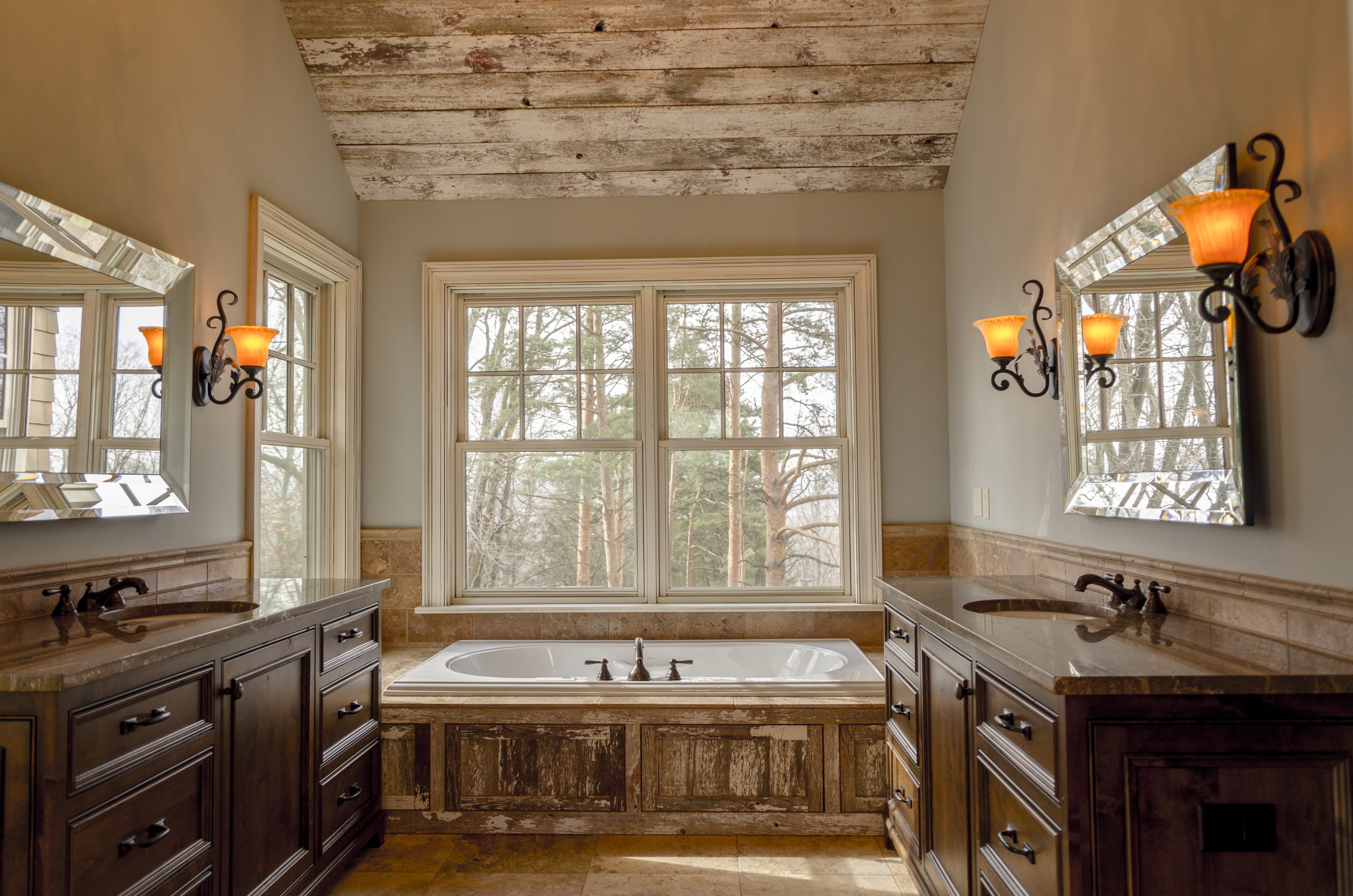 sink, room, wooden, home, wall - building feature, sconces, 4K, cabinets, bathtub, window, white, domestic kitchen, absence, table, taps, built structure, HD Wallpaper