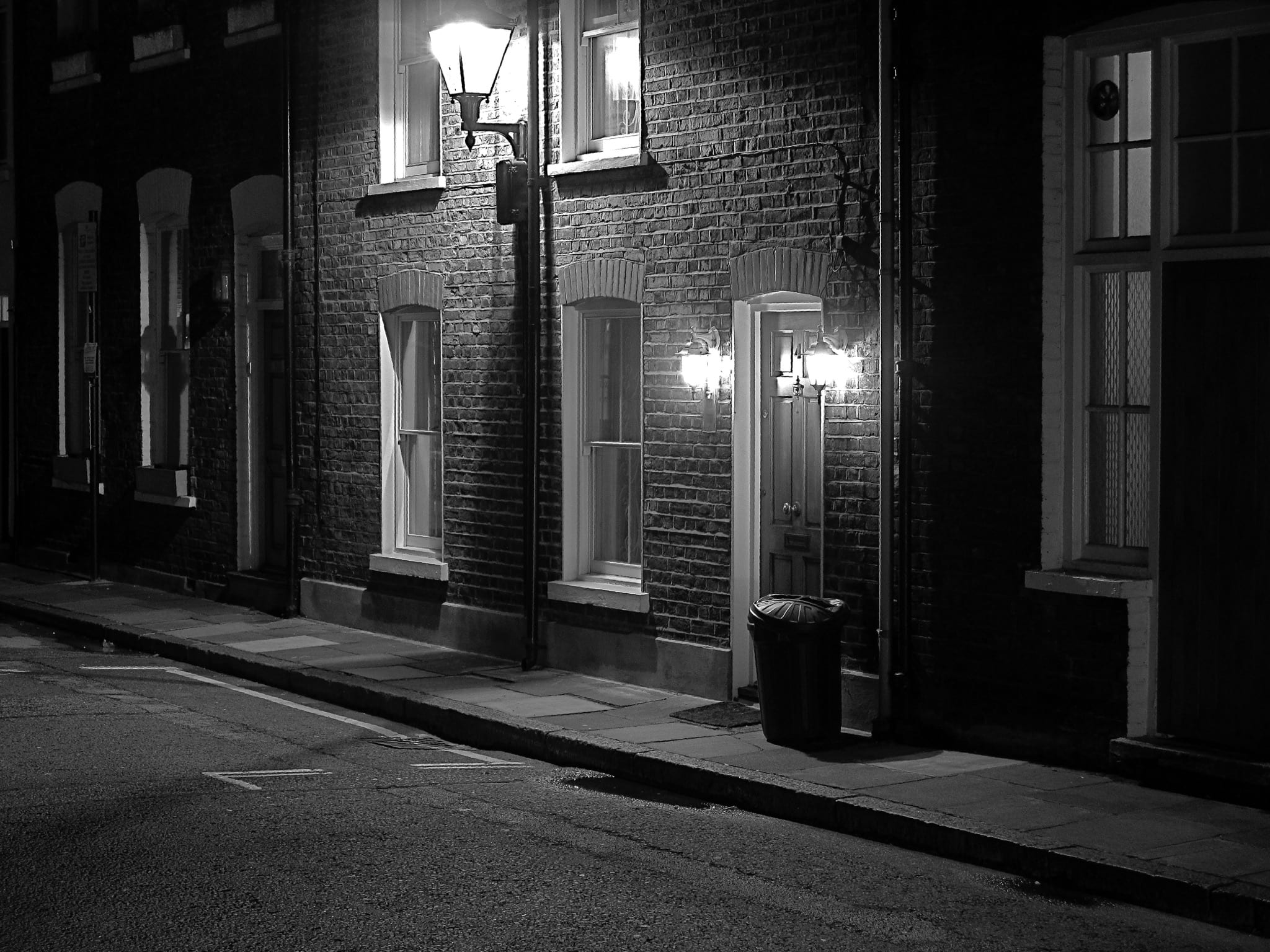 door, sunlight, architecture, sconce, footpath, electric lamp, lighted, window, street, architectural column, building exterior, hose, grayscale, photo, HD Wallpaper