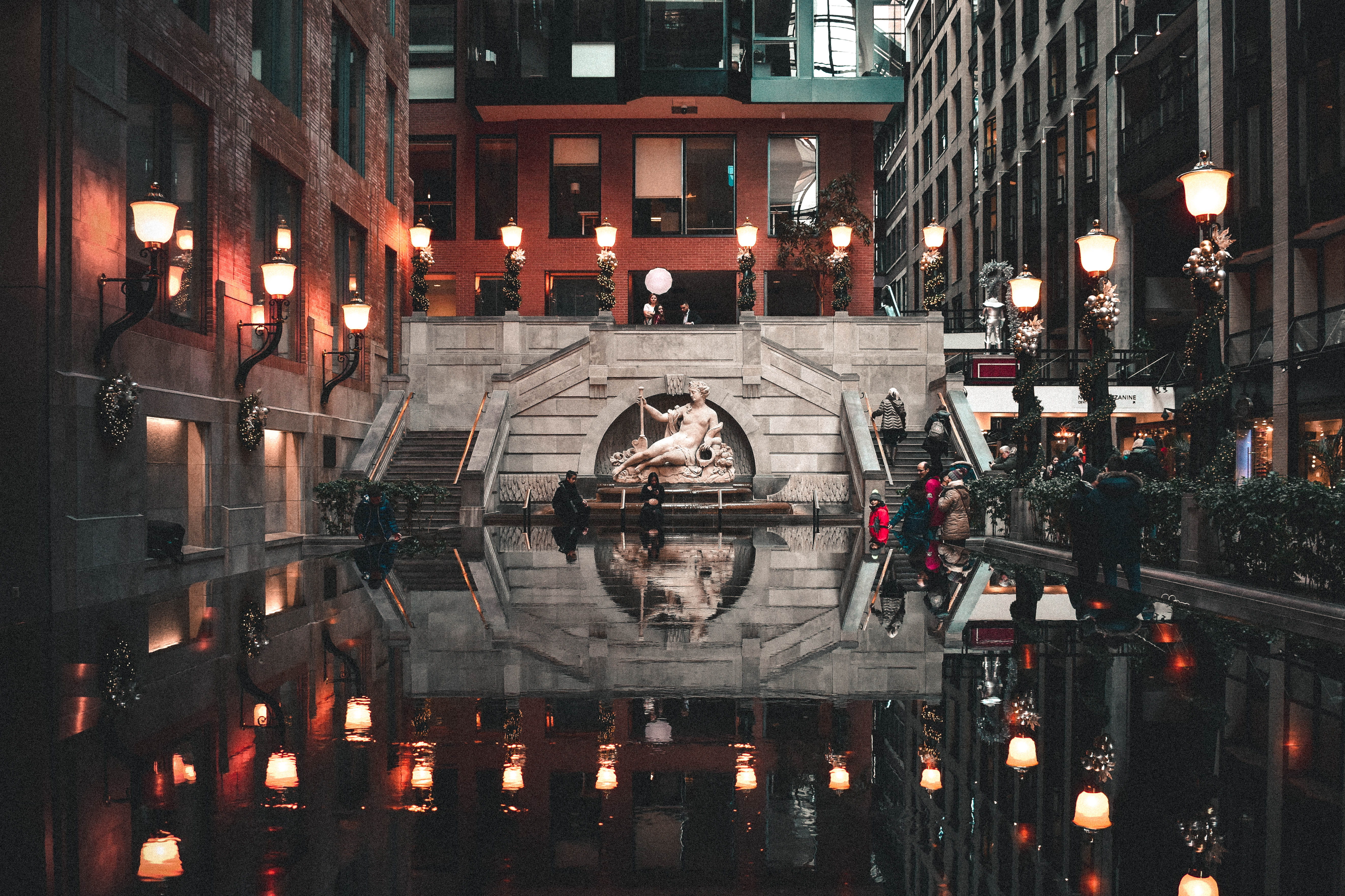 architecture, building exterior, transportation, building, 5K, built structure, road, night, group of people, reflection, water, sconces, car, incidental people, HD Wallpaper