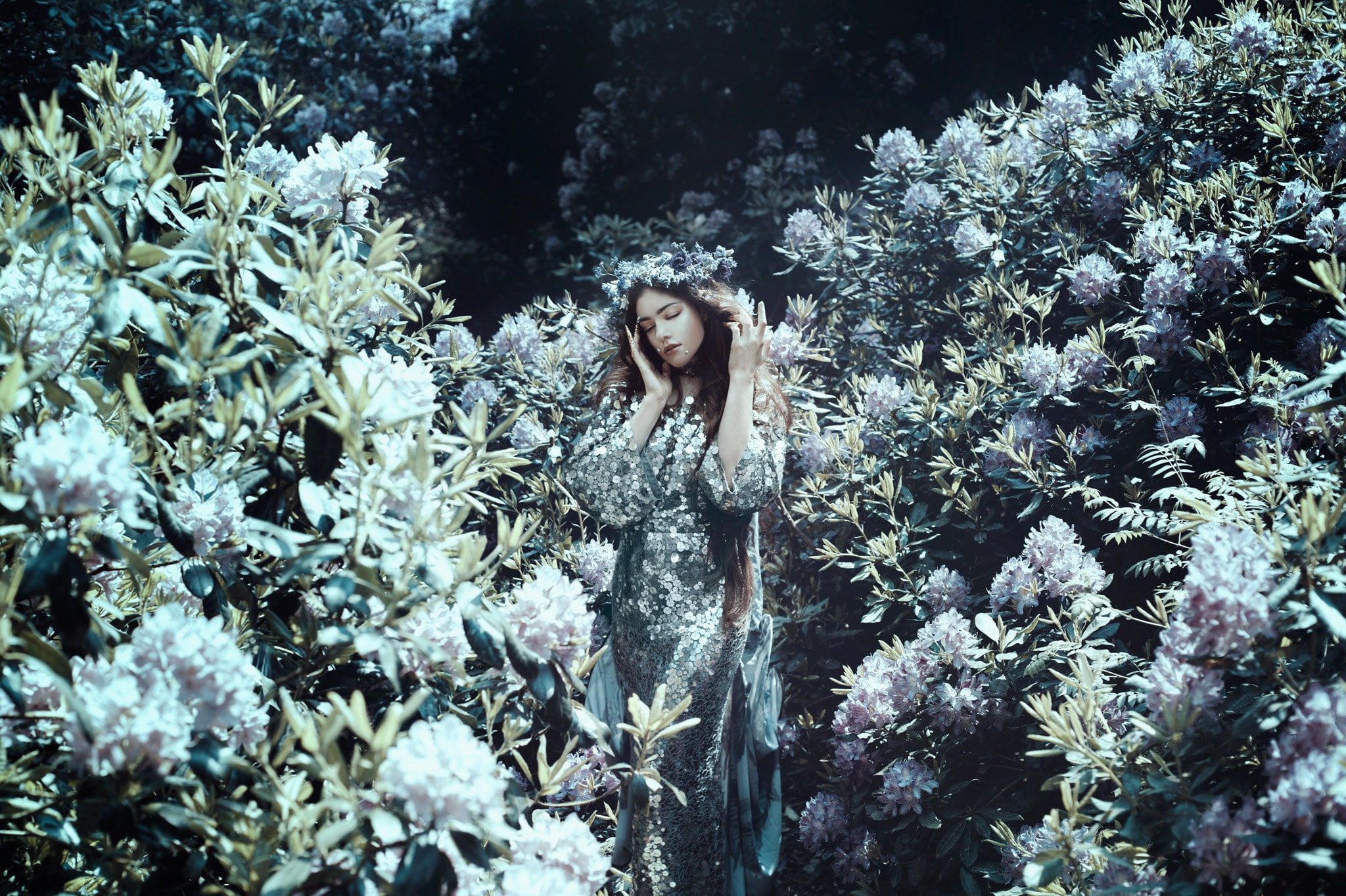 girl, Bella Kotak, 1080P, While you are here, dress, Joy Draiki, the bushes, mood, rhododendrons, HD Wallpaper