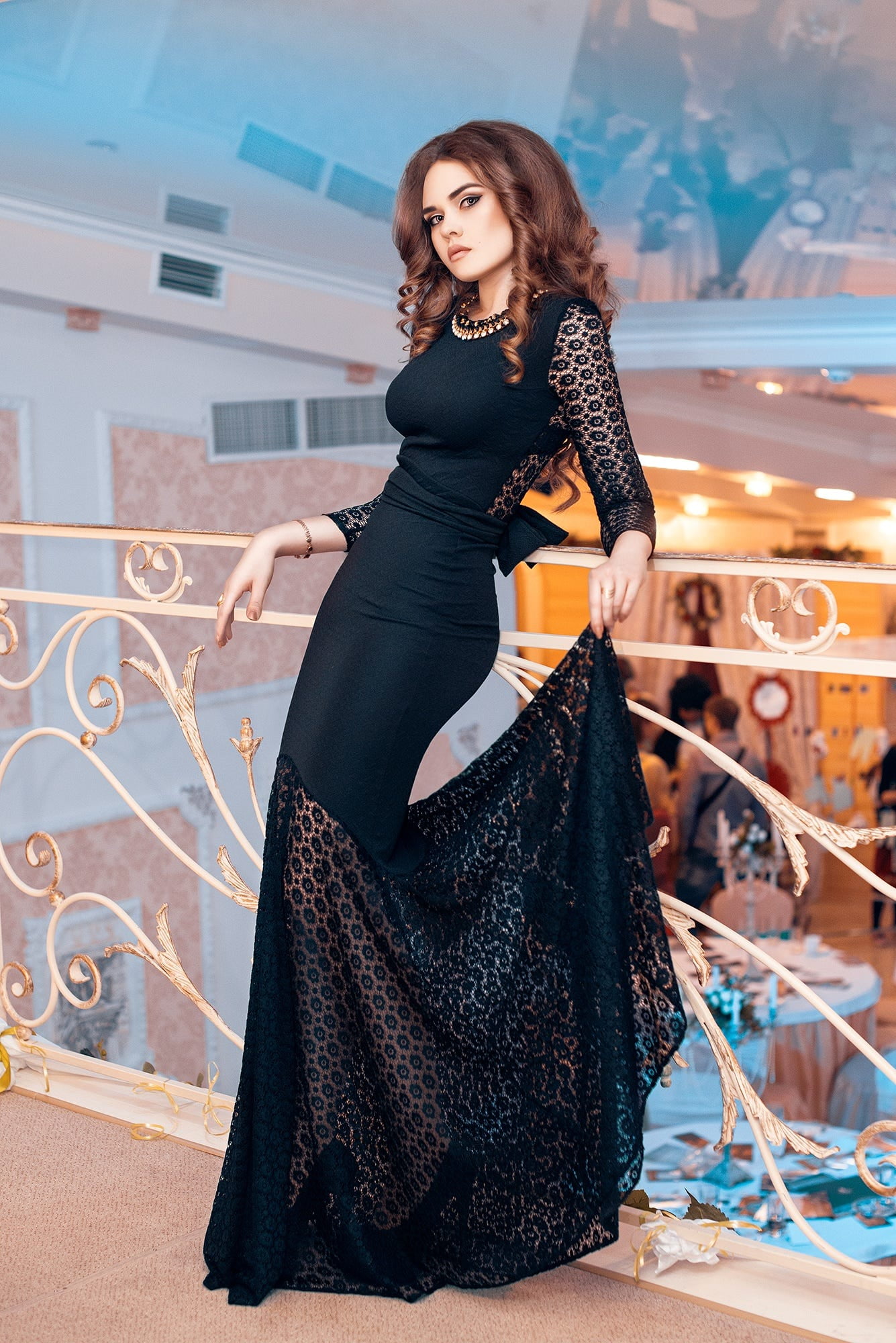 women, 1080P, wavy hair, Ilya Novitsky, long hair, fashion, black clothing, tight clothing, brunette, balcony, makeup, dress, Phone HD Wallpaper