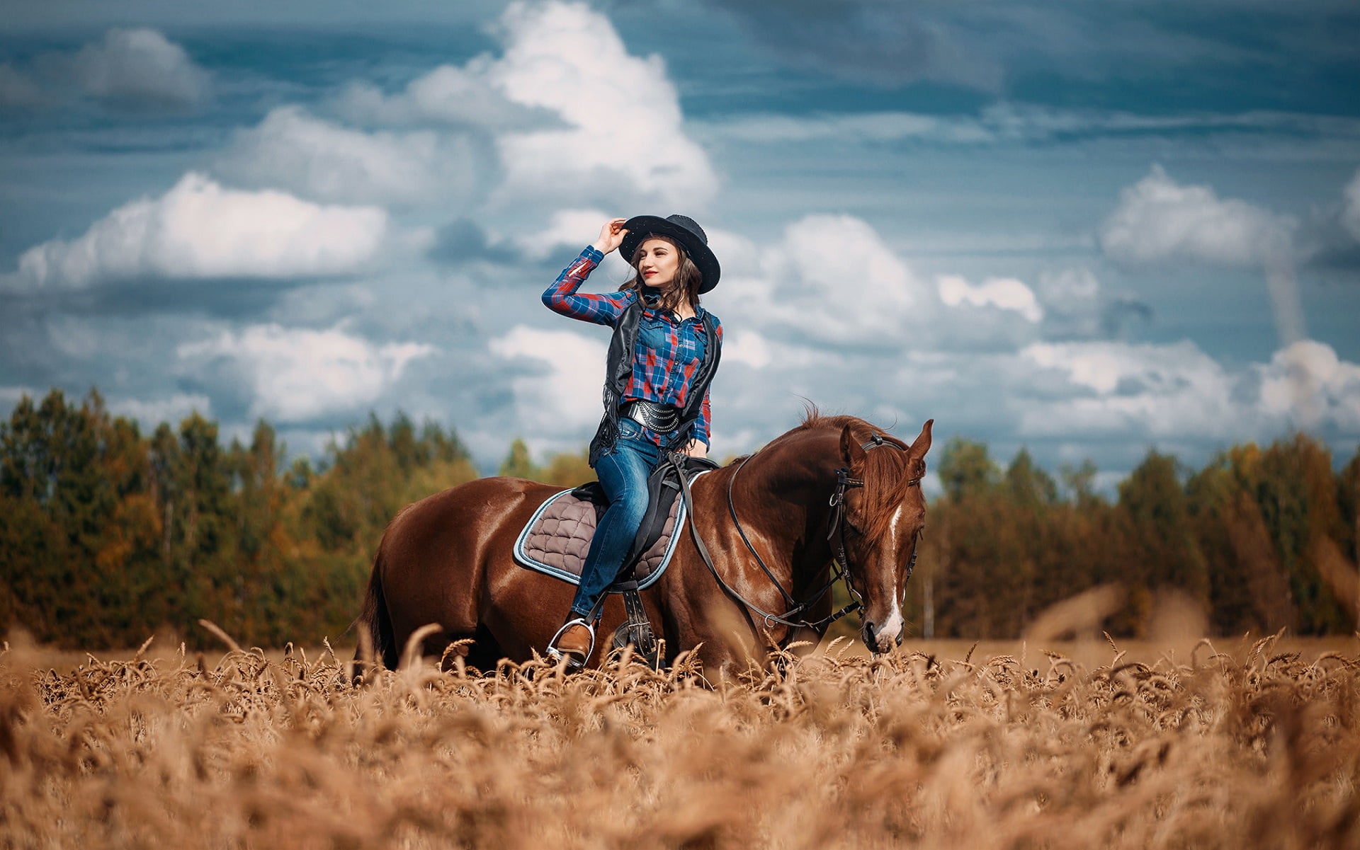 hat, field, girl, horse, 1080P, photo, Novitsky Ilya, HD Wallpaper