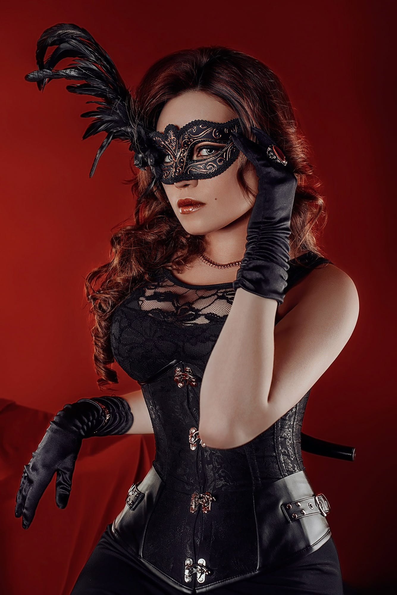 hair accessories, women, mask, Ilya Novitsky, red, silk, wavy hair, gloves, feathers, dress, brunette, glamour, fashion, long hair, 1080P, black clothing, Phone HD Wallpaper
