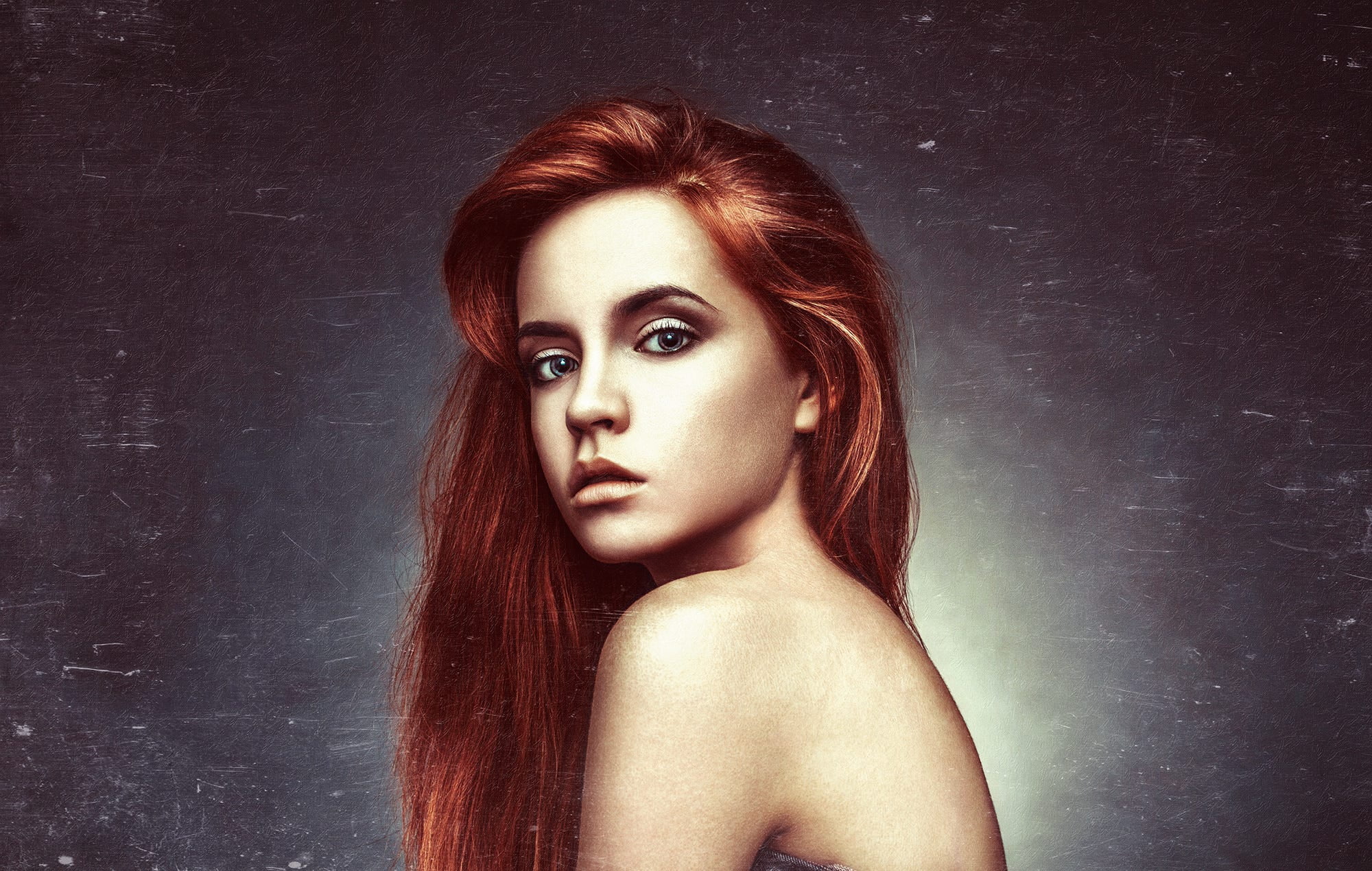 women, 1080P, looking at viewer, portrait, long hair, simple background, Ilya Novitsky, redhead, bare shoulders, HD Wallpaper
