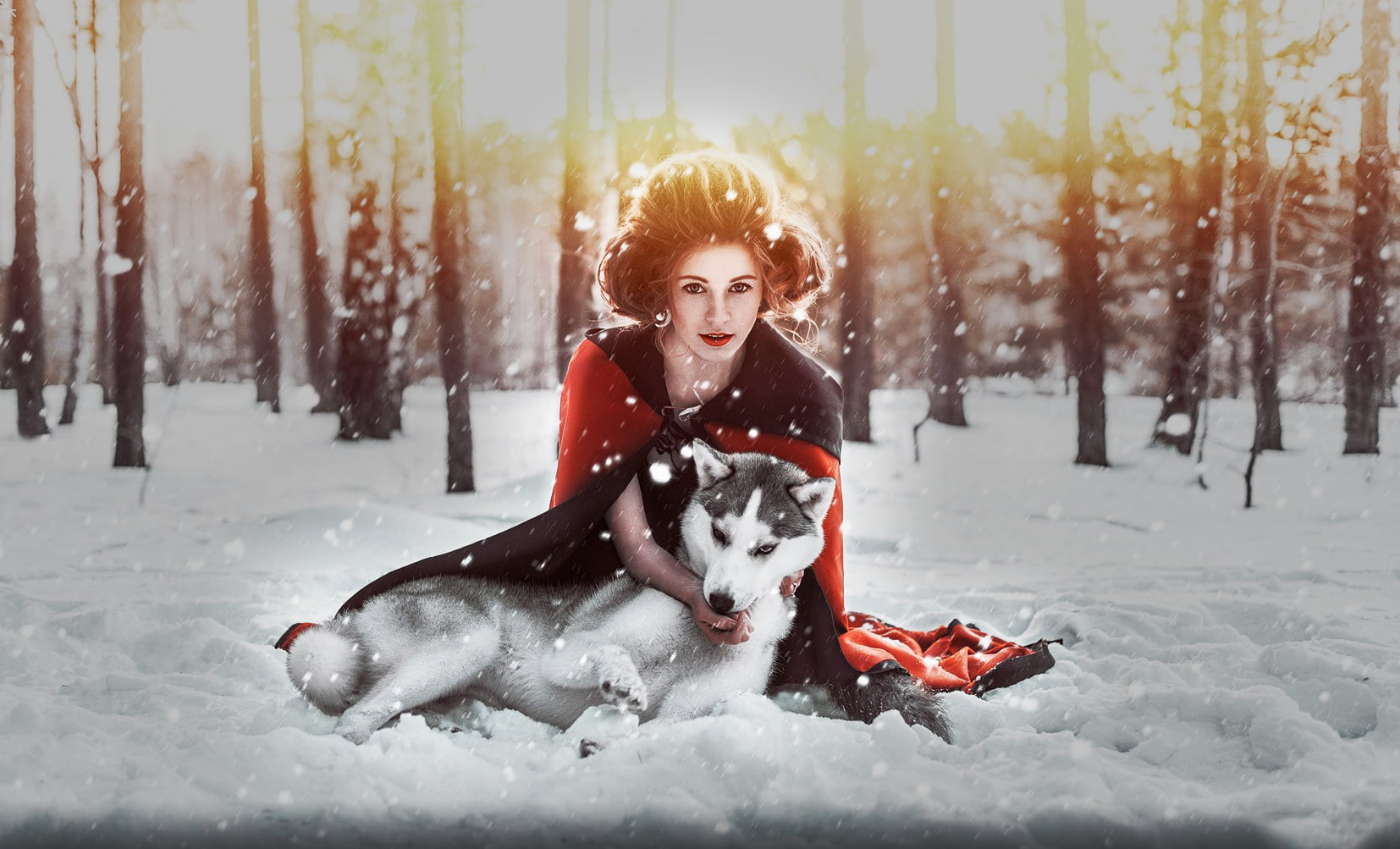 women, Red Hood, sun rays, snow, trees, 720P, Ilya Novitsky, winter, wolf, HD Wallpaper
