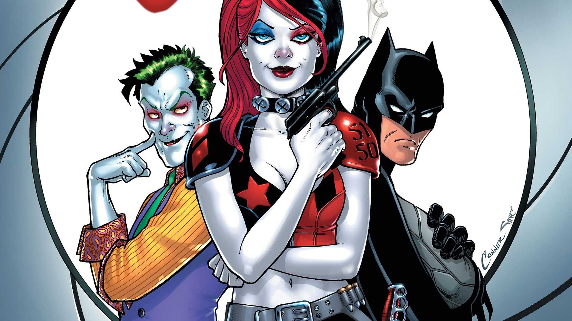 superheroes, DC Comics, Joker, artwork, weapon, 1080P, Harley Quinn, comics, mask, Batman, fantasy, cape, gun, HD Wallpaper