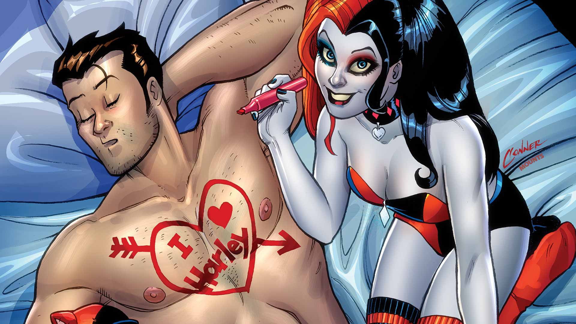 superheroine, fantasy, drawing, marker, superhero, man, sheets, 1080P, DC Comics, Harleen Frances Quinzel, sleeping, girl, Harley Quinn, bed, I love Harley, HD Wallpaper