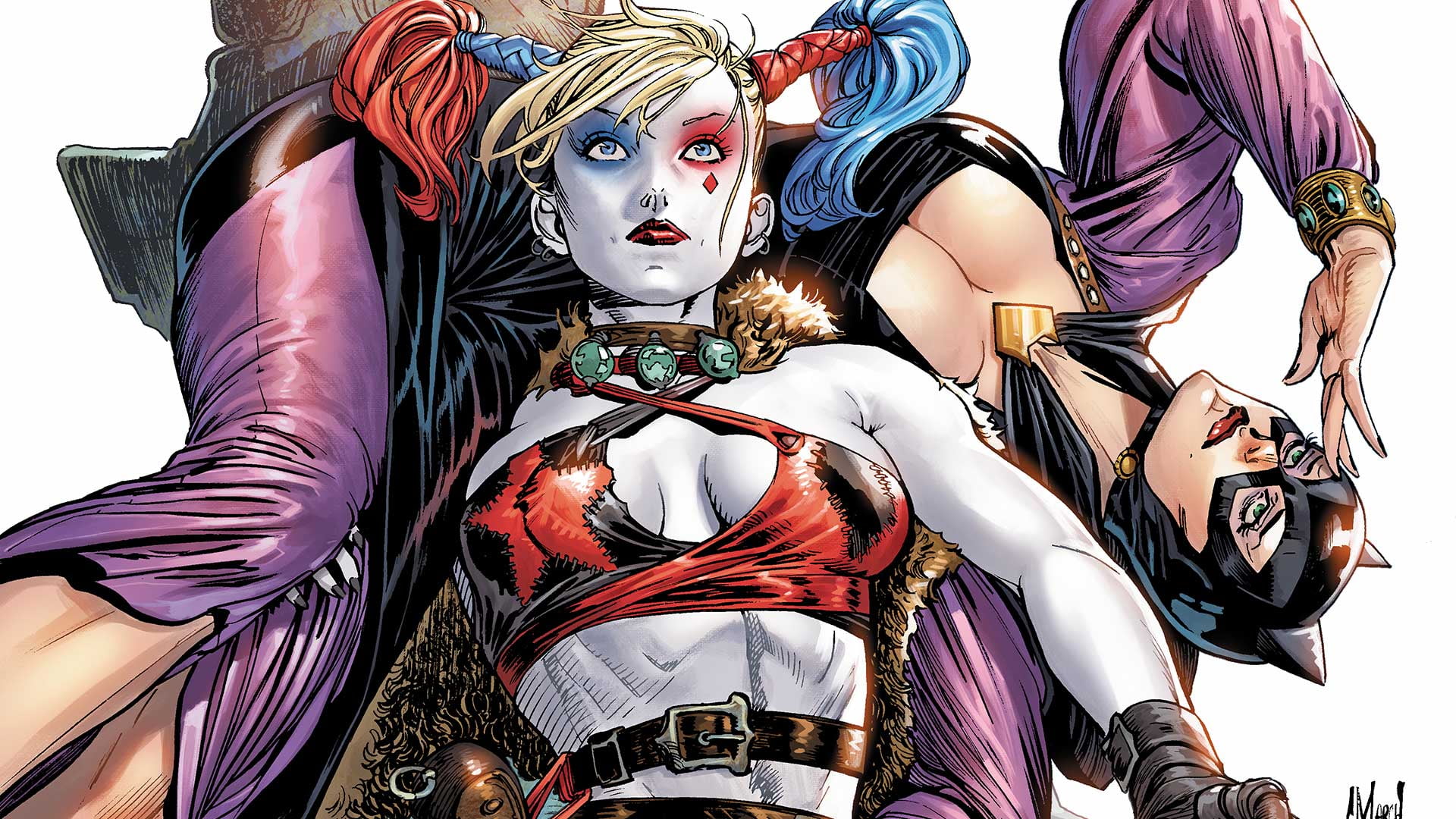 Catwoman, superhero, artwork, Harley Quinn, costumes, comics, fantasy art, DC Comics, 1080P, superheroines, women, comic art, HD Wallpaper