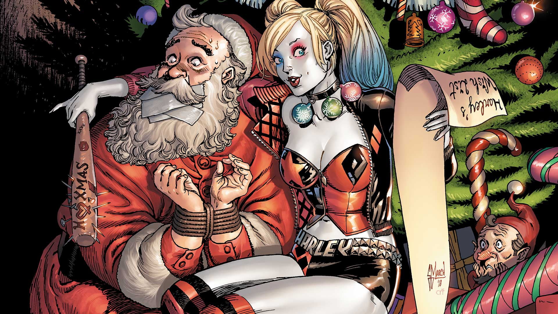 DC Comics, fantasy, 1080P, sheet, superheroine, elf, comics, Santa Claus, Harley Quinn, wish list, decorations, tied up, superhero, Christmas tree, fantasy art, HD Wallpaper