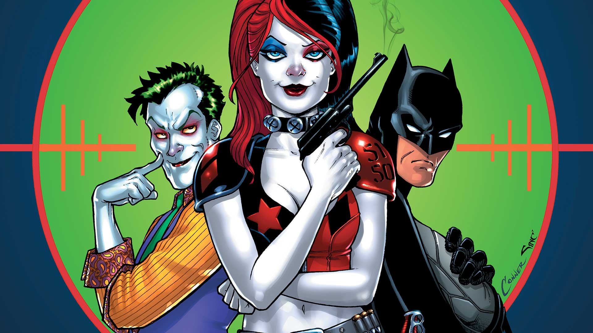 Batman, DC Comics, gun, Joker, Harley Quinn, 1080P, comics, mask, superheroes, weapon, costume, fantasy art, target, cape, artwork, fantasy, HD Wallpaper