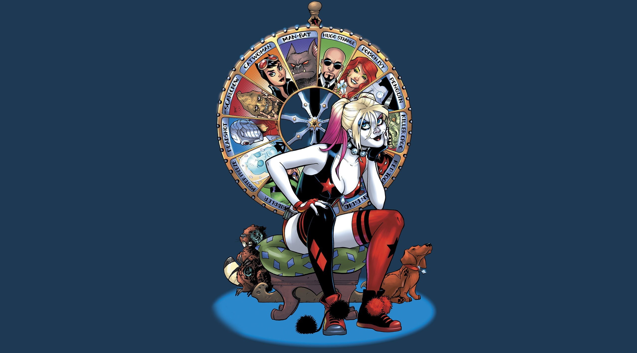 dog, DC Comics, fantasy girl, fantasy art, Harleen Frances Quinzel, fantasy, sitting, 1080P, Harley Quinn, superhero, artwork, HD Wallpaper