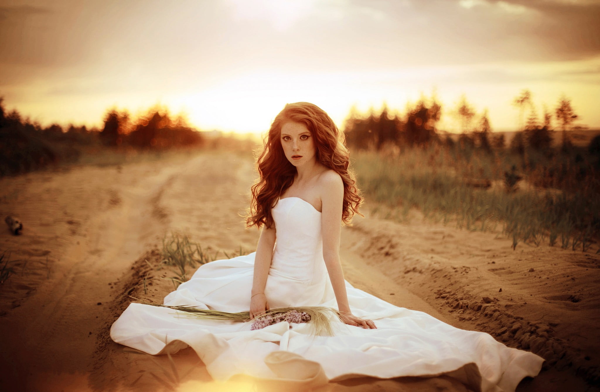 sitting, beauty, adult, 1080P, fashion, sky, land, redhead, dress, young adult, leisure activity, nature, brides, clothing, beautiful woman, women, beauty in nature, HD Wallpaper