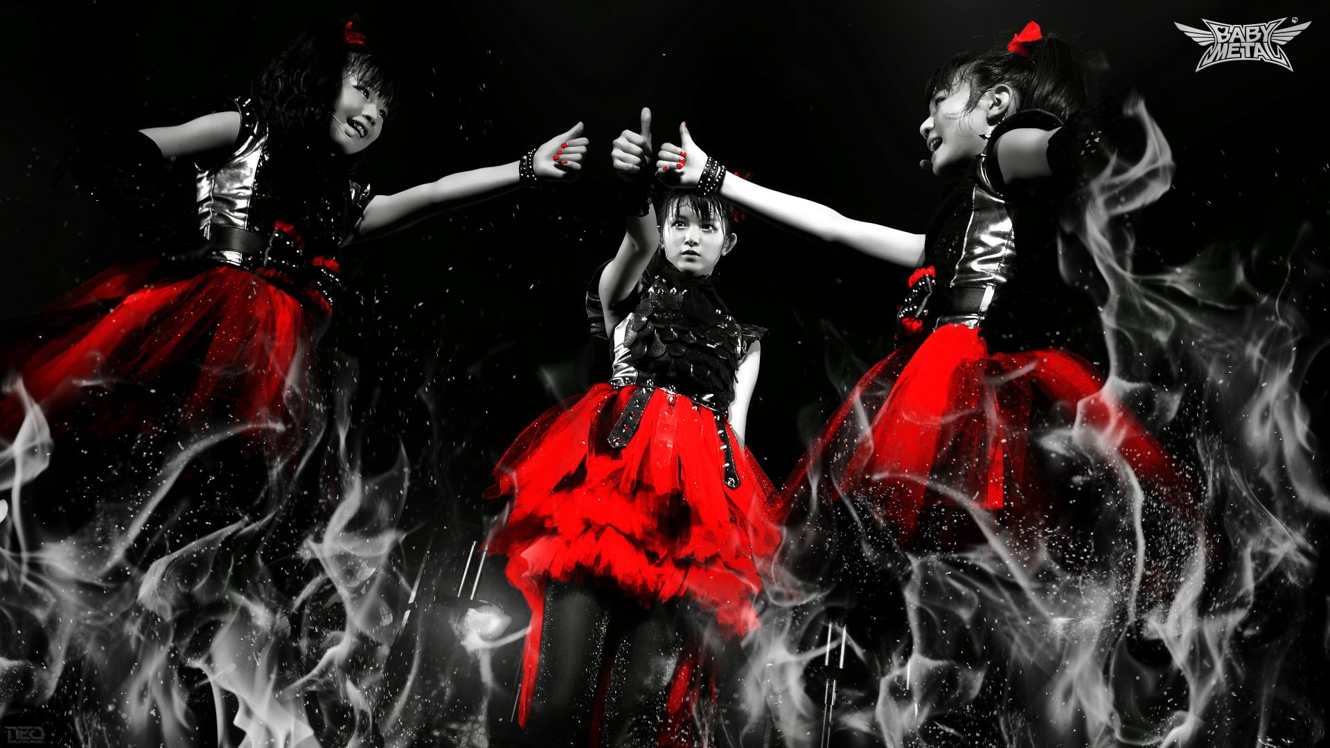 Band (Music), studio shot, water, indoors, vitality, Heavy Metal, dancing, Metal Idol, fashion, motion, Japanese, black background, arms raised, Oriental, HD Wallpaper