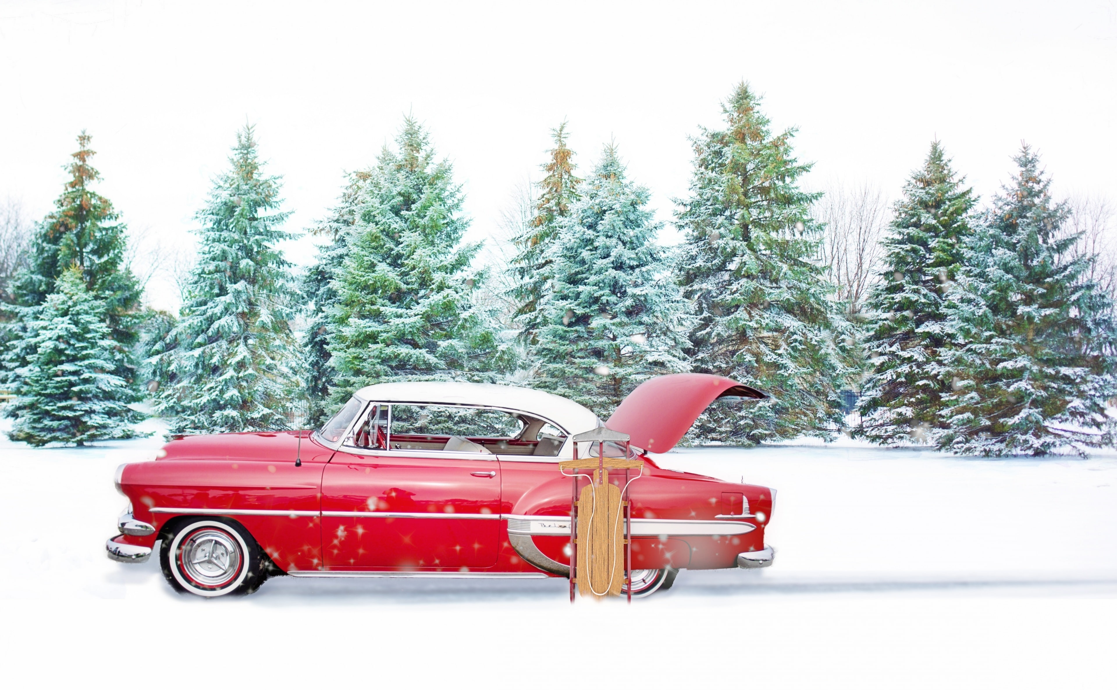 Snowflakes, 4K, Vintage, celebration, newyear, Winter, sled, Xmas, car, Snowfall, plant, coniferous tree, firtrees, cold temperature, endoftheyear, Holiday, HD Wallpaper