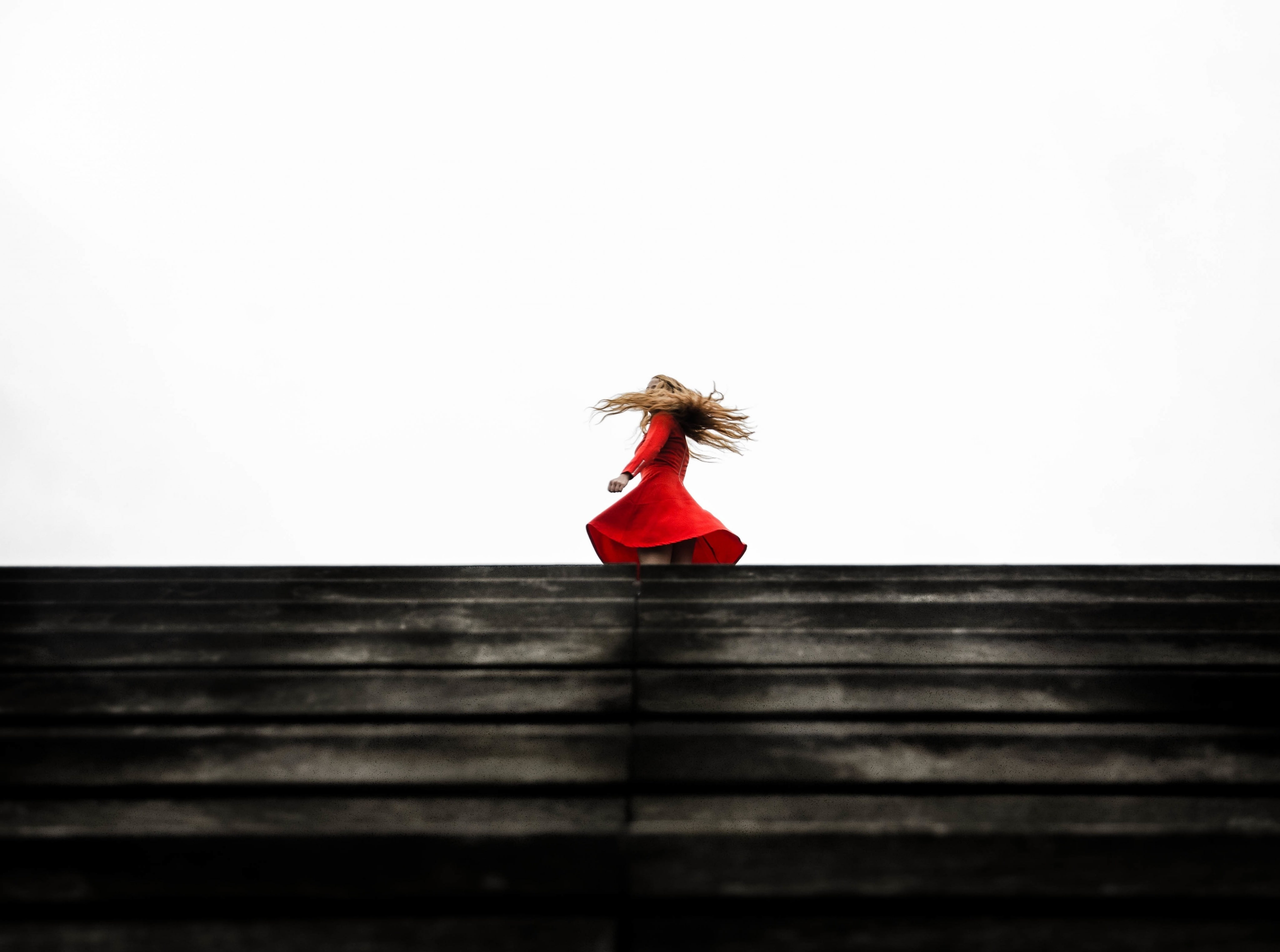 indoors, fashion, red, twirling, hair, wall - building feature, contemplation, Valentines Day, reddress, staircase, copy space, Lady, architecture, Dress, HD Wallpaper