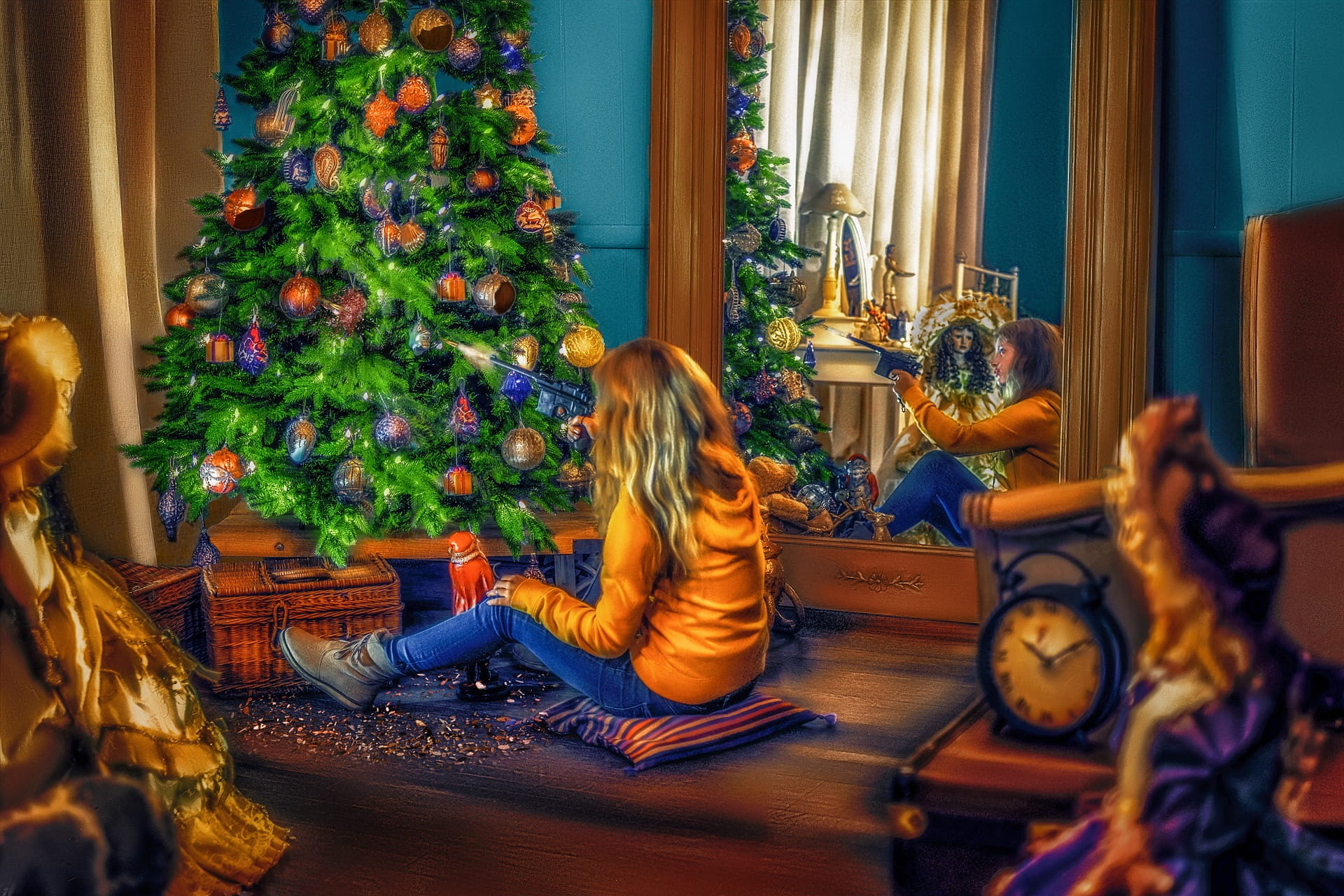 christmas decoration, newyear, 1080P, painting, indoors, plant, decoration, child, gift, holiday - event, women, christmas ornament, nature, activity, HD Wallpaper