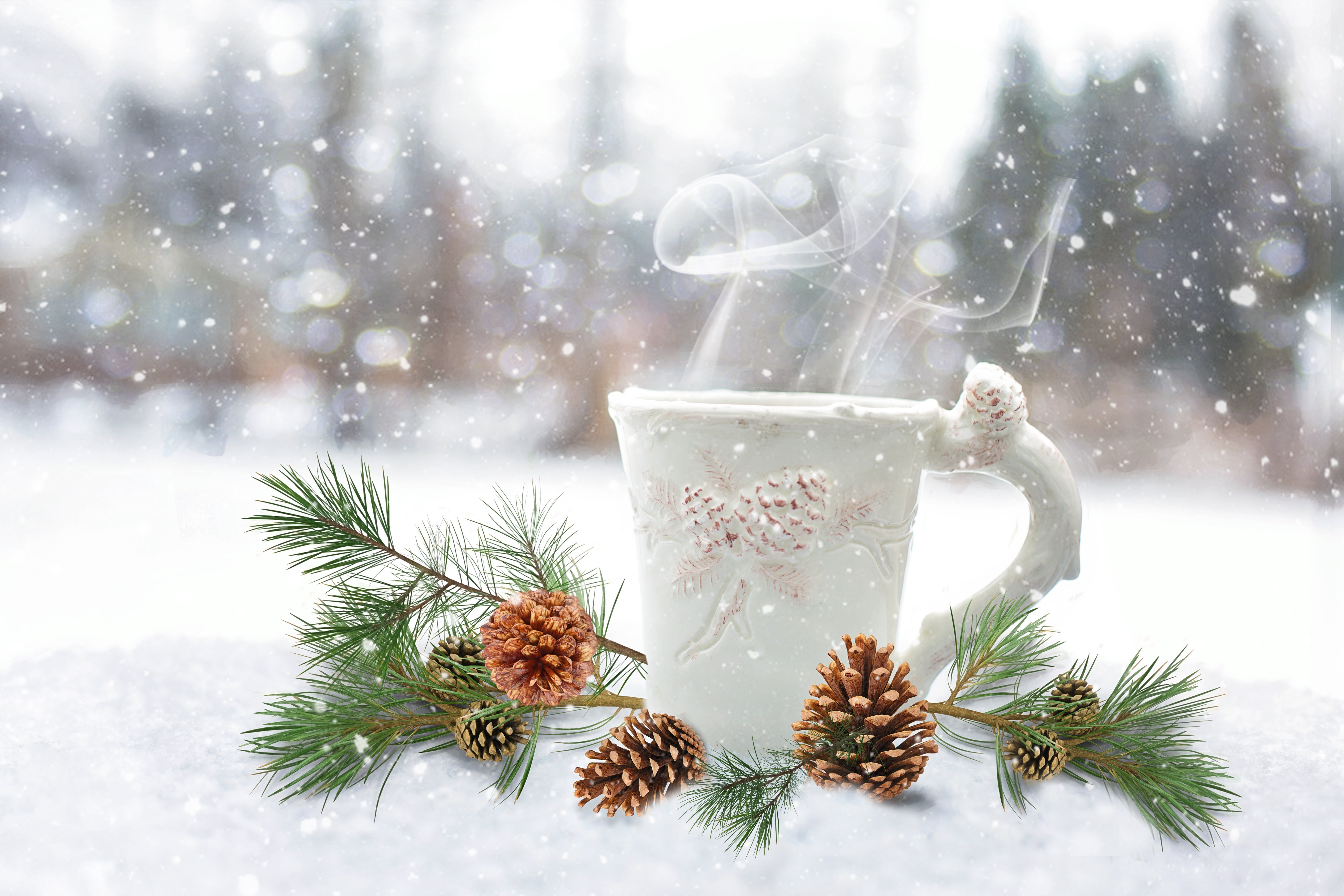 christmas, 5K, snow, pine tree, coffee cup, steaming, celebration, hot, backgrounds, food and drink, winter, cup of coffee, fir Tree, season, coniferous tree, HD Wallpaper