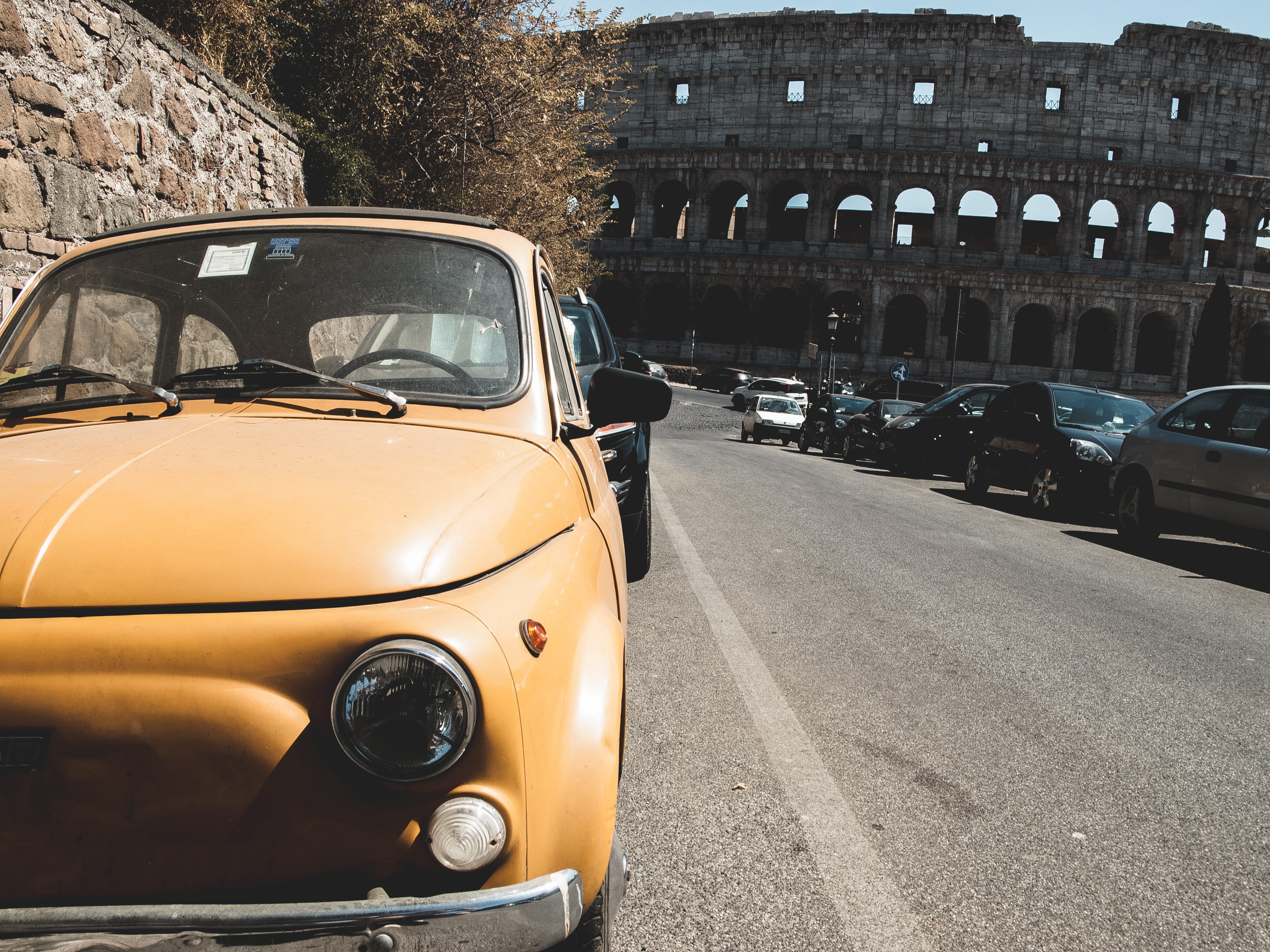 cars, vintage, front end, foreground, background, building exterior, lights, abstract, road, colosseum, roads, city, roma, yellow, fiat, tree, nostalgia, HD Wallpaper